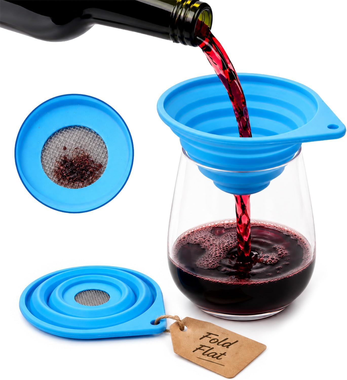 Vespara Collapsible Fine Mesh Strainer, 4 Inch Silicone Funnel with Stainless Steel Sifter for Coffee, Leaf Tea, Pour Over, Stainless Steel Sifter Colander for Kitchen,Travel, Camping (Deep Blue)