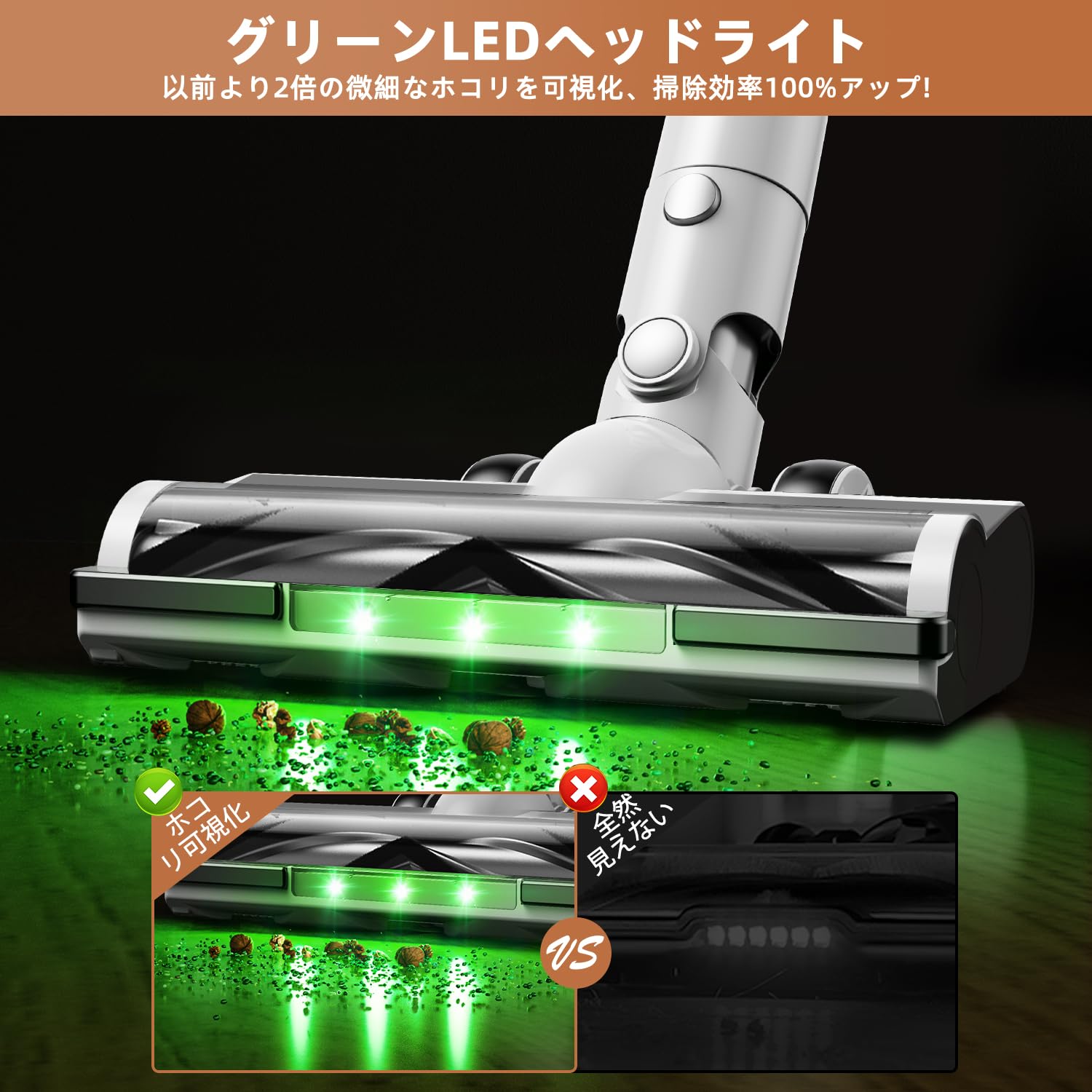 グリーンLEDライト付＆50Kpa強力吸引 コードレス掃除機 Amazon | 掃除機 コードレス【8月新登場！革新版グリーンLED
