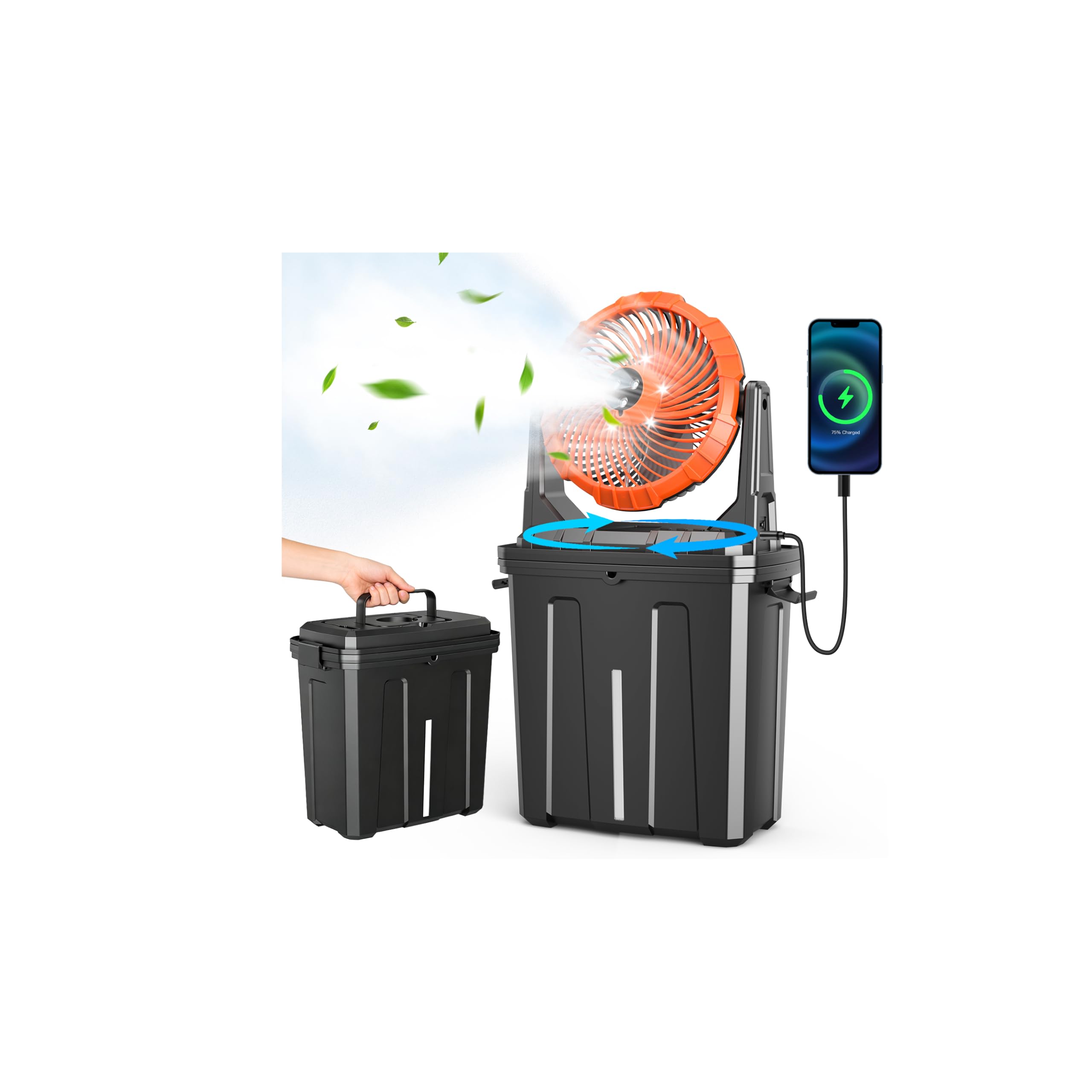 Ausic Ventilador de nebulización portátil oscilante de 10 pulgadas y 9 L mejorado con luz, [máximo 55 horas] Ventilador de carrito de golf para patios exteriores, ventilador de refrigeración de agua
