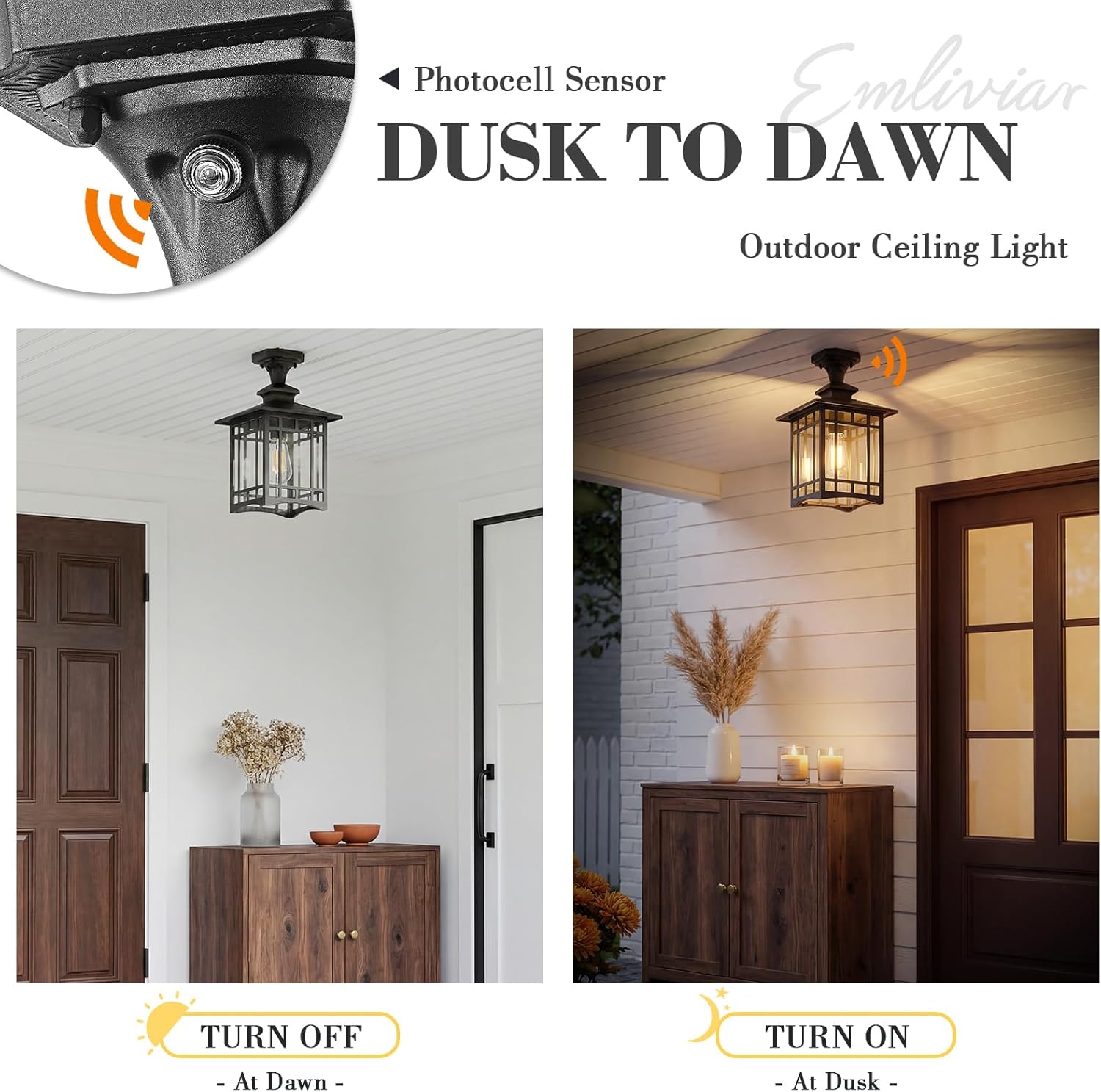 Emliviar Dusk to Dawn Black Semi Flush Mount Ceiling Light for House Entryway, Waterproof 15.4" Outdoor Close to Ceiling Lamp, Clear Glass, 100 Max, XE309F-M-PC BK