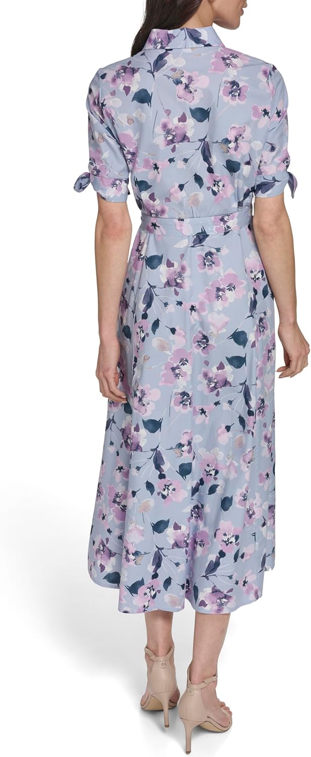 Calvin Klein Women's Short Sleeve Collared Neck Cotton Self Tie Midi Dress