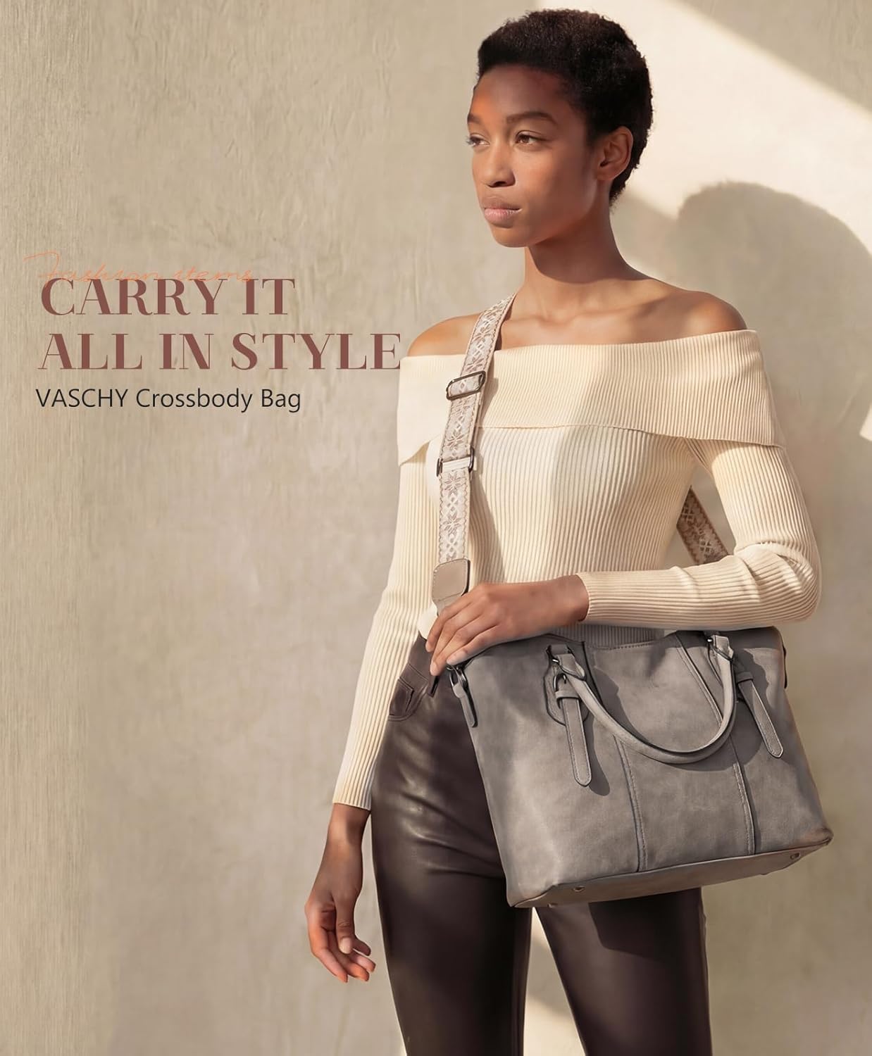 VASCHY Hobo Bags for Women, Vegan Leather Top Handle Satchel Shoulder Purse Handbag Purse with Crossbody Guitar Strap