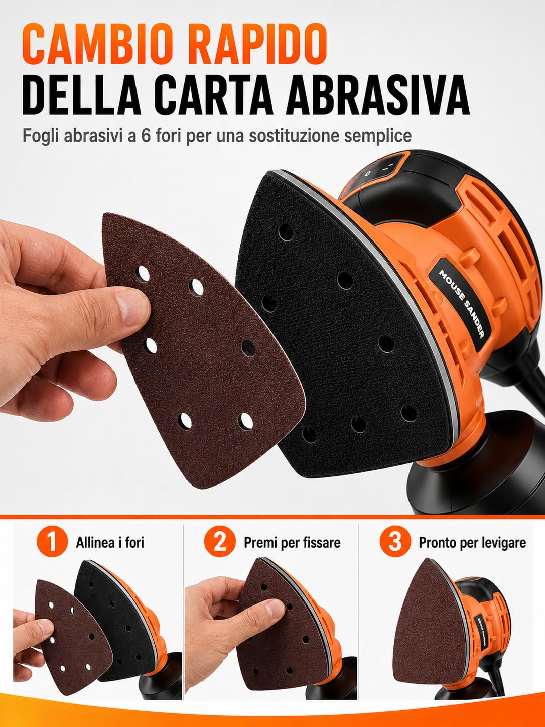 VOBOR Levigatrice Per Legno 150W, 13000RPM con Aspirazione della Polvere e 14 Fogli Abrasivi, Levigatrice Mouse Elettrica per Levigare, Lucidare e Rimuovere in Falegnameria e DIY
