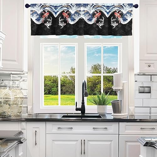 Miniatura 2 de Hokusai - Cenefas de cortinas de cocina de estilo japonés, cenefa de ondas oceánicas para sala de estar, dormitorio, cenefas de cortina de pez Koi
