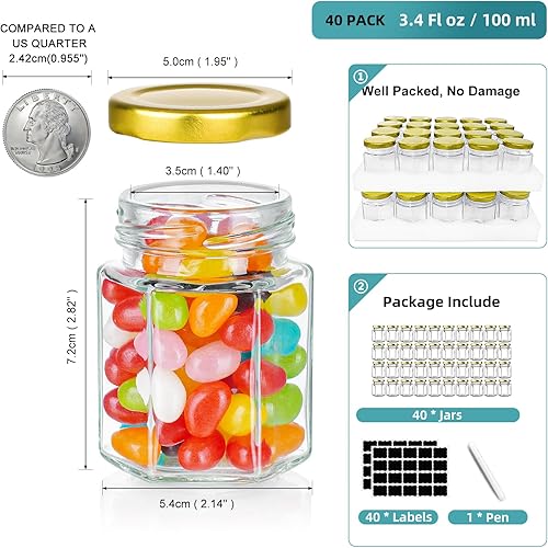 Miniatura 5 de Paquete de 40 tarros pequeños de vidrio para miel con tapas para recuerdos de boda, baby showers, tarros de vidrio herméticos de 3 onzas con tapas,