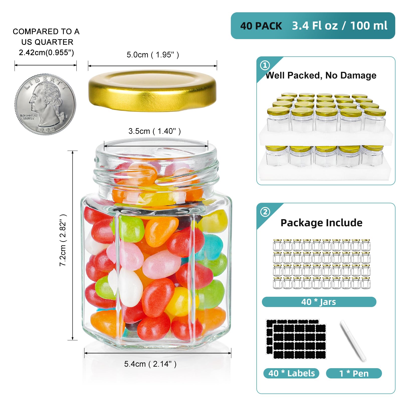 Ritayedet 40 sztuk małych szklanych słoików na miód z pokrywkami na ślub, baby shower, 85 ml, hermetyczne szklane słoiki do konserw z pokrywkami, słoiki na świeczki na przyprawy, cukierki, dżemy