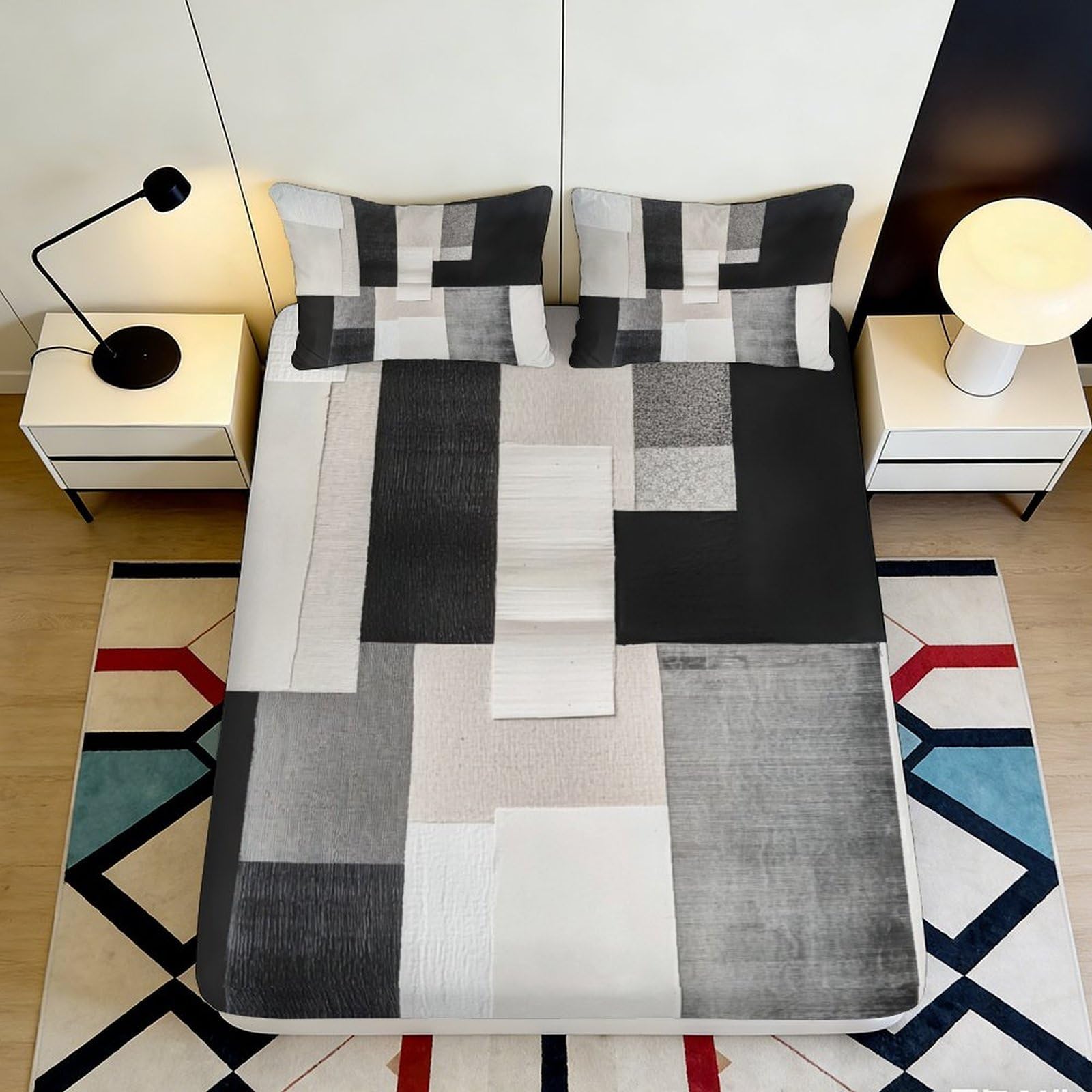 3D Printed Geometric Pattern Fitted Sheet Microfiber Soft Breathable Abstract Blocks Mattress Cover for Bedroom Dormitory Guest Room Mattress Protection Decor 90x200x25cm