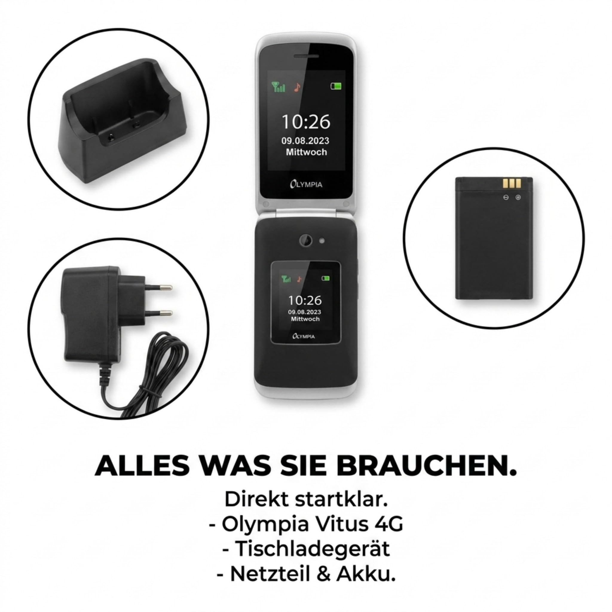 Olympia Vitus 4G Seniorenhandy | Klappbar mit Großtasten | Hörgerätekompatibel | Handy für Senioren | Notruftaste & SOS-Funktion | Farbdisplay | Kamera | Taschenlampe | Langlebiger Akku | Schwarz