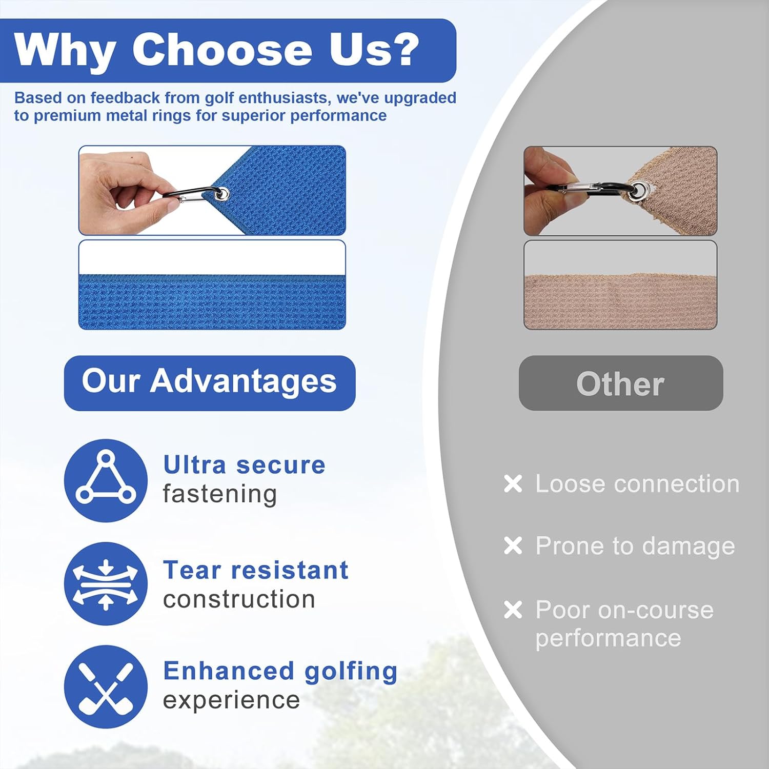 Pro 3 Pack Golf Towels (16"x16"), Durable Microfiber Golf Towels with Hook and Loop Fastener, Premium Essential Accessories for Golf Bag for Men(Gray, Blue, Black) - Image 2