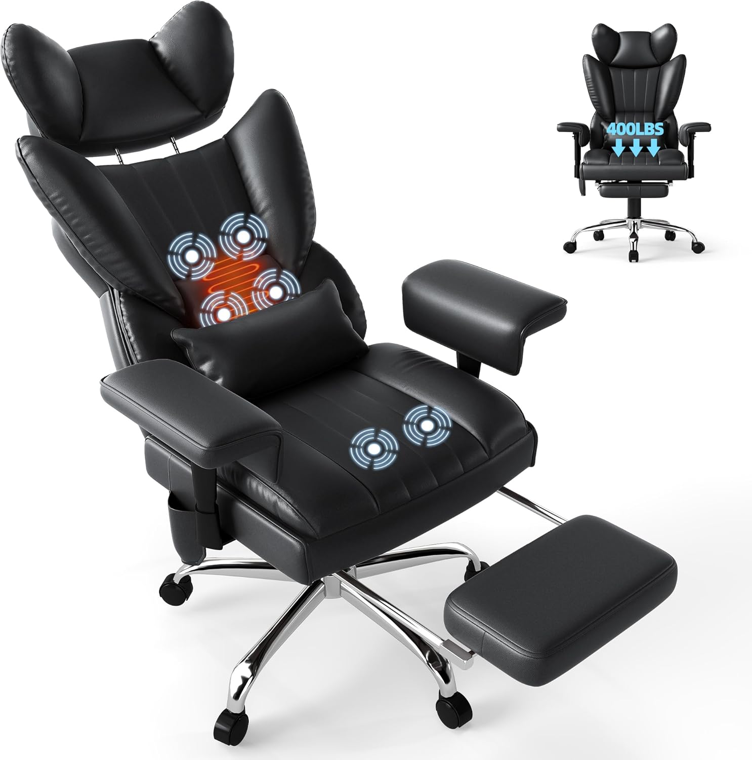 6 Points Massage Office Chair with Foot Rest - 400LBS Executive Office Chair with Adjustable Headrest, Armrest and Lumbar Pillow, Comfortable Leather Desk Chair for Home Office, Black