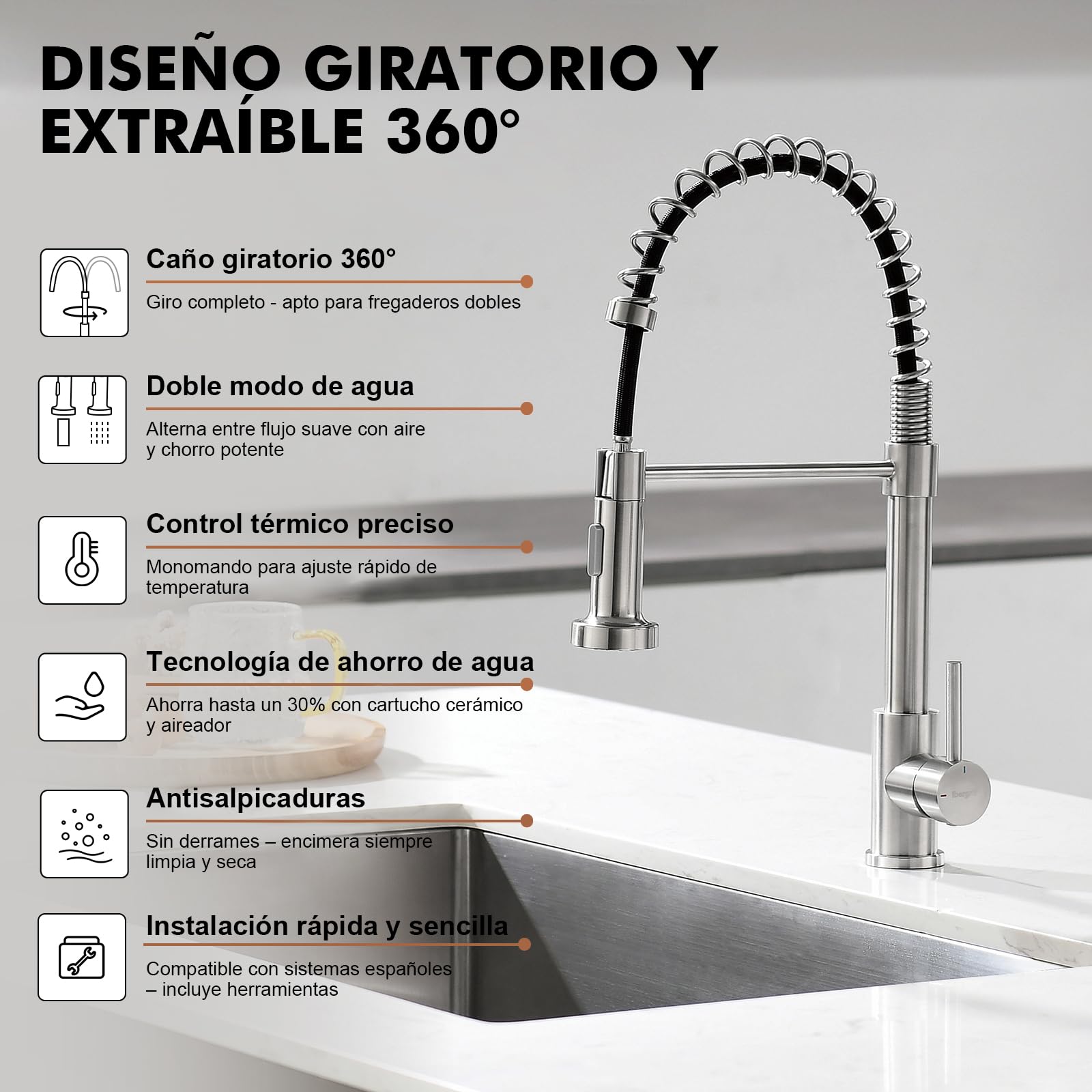 Ibergrif Grifo Cocina Extraible y Extensible - Acero Inoxidable 304, 360°Giratorio, 2 Modos Agua (Spray/Flujo), Manguera 40cm, Instalación Rápida, Monomando, M22143A