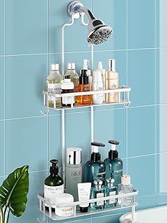 Anti-Swing Shower Caddy Hanging with 4 Hooks for Towels/Sponge, No Drilling Bathroom Organizers and Storage Racks for Bathroom, Dorm and RV, Never Rust Aluminum, Large - Silver
