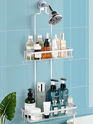 Cobbe Anti-Swing Shower Caddy Hanging with 4 Hooks for Towels Sponge No Drilling Bathroom Organizers and Storage Racks