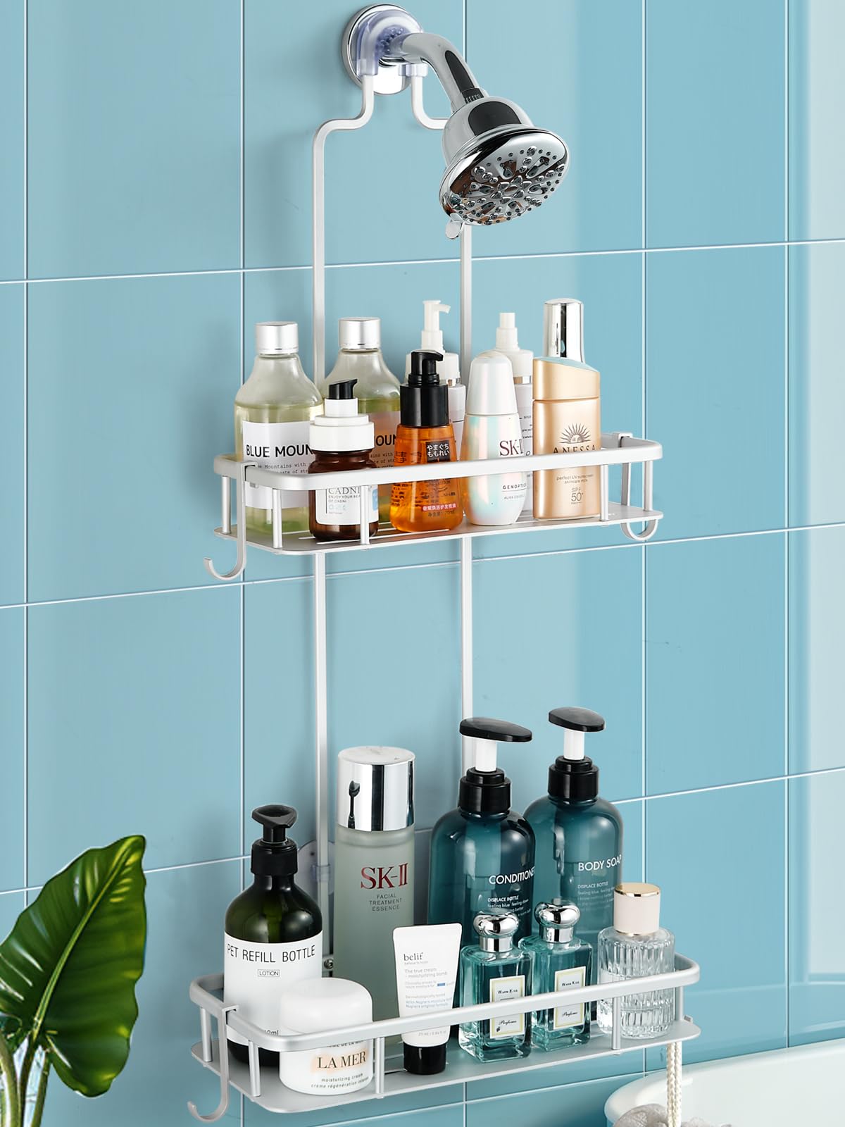 Cobbe Anti-Swing Shower Caddy Hanging with 4 Hooks for Towels Sponge No Drilling Bathroom Organizers and Storage Racks