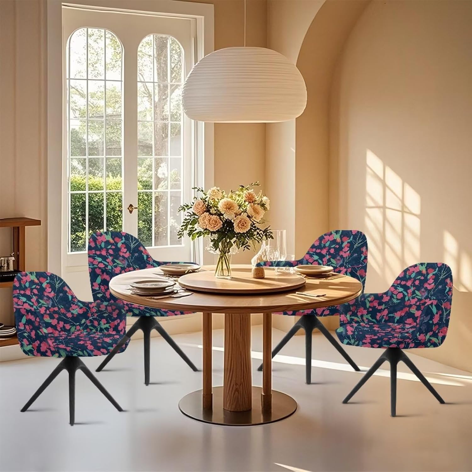 Retro Flower Leaf Print Swivel Accent Chair Slipcover Stretchy Fabric Office Chair Cover Wingback Armchair Protector Removable Non-Slip Decor for Living Room