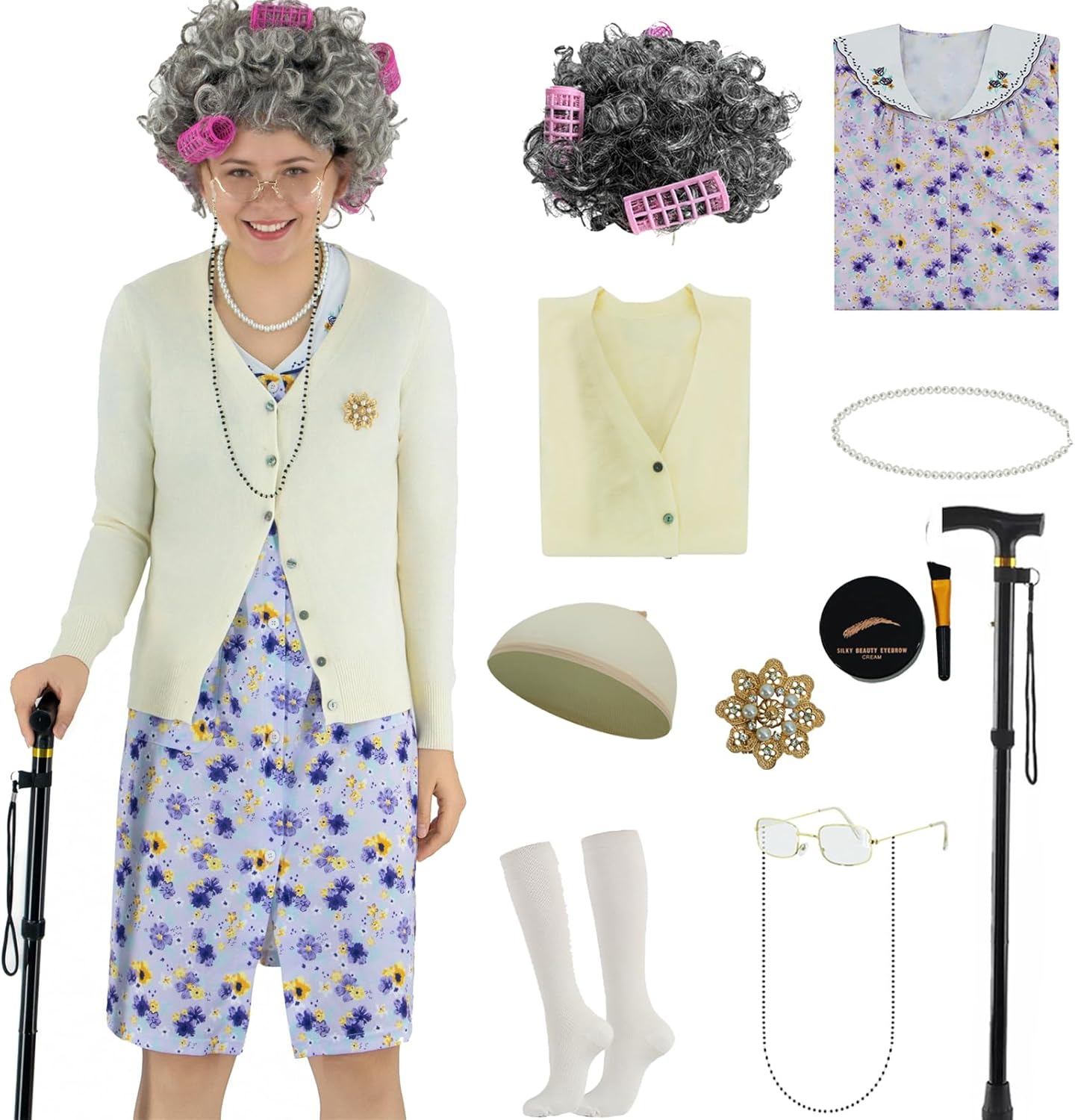 Old Lady Costume for Women, Grandma Costume Nightgown Cane Cardigan Set Old Lady Dress Halloween Cosplay