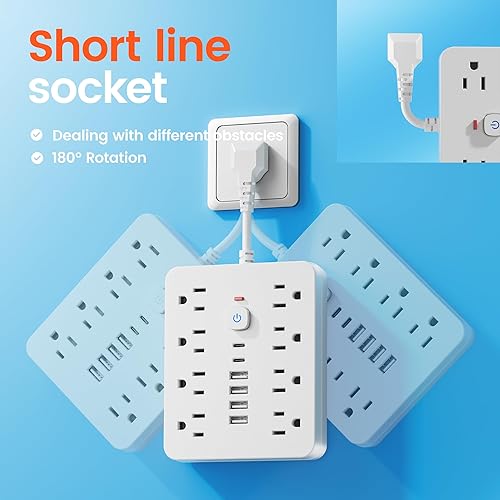 Miniatura 5 de Surge Protector Power Strip - Chiefway Extension Cord with 8 AC Outlets, 6 USB Ports (2 USBC) & One-Touch Switch, Short Cord Outlet Extender, Wall