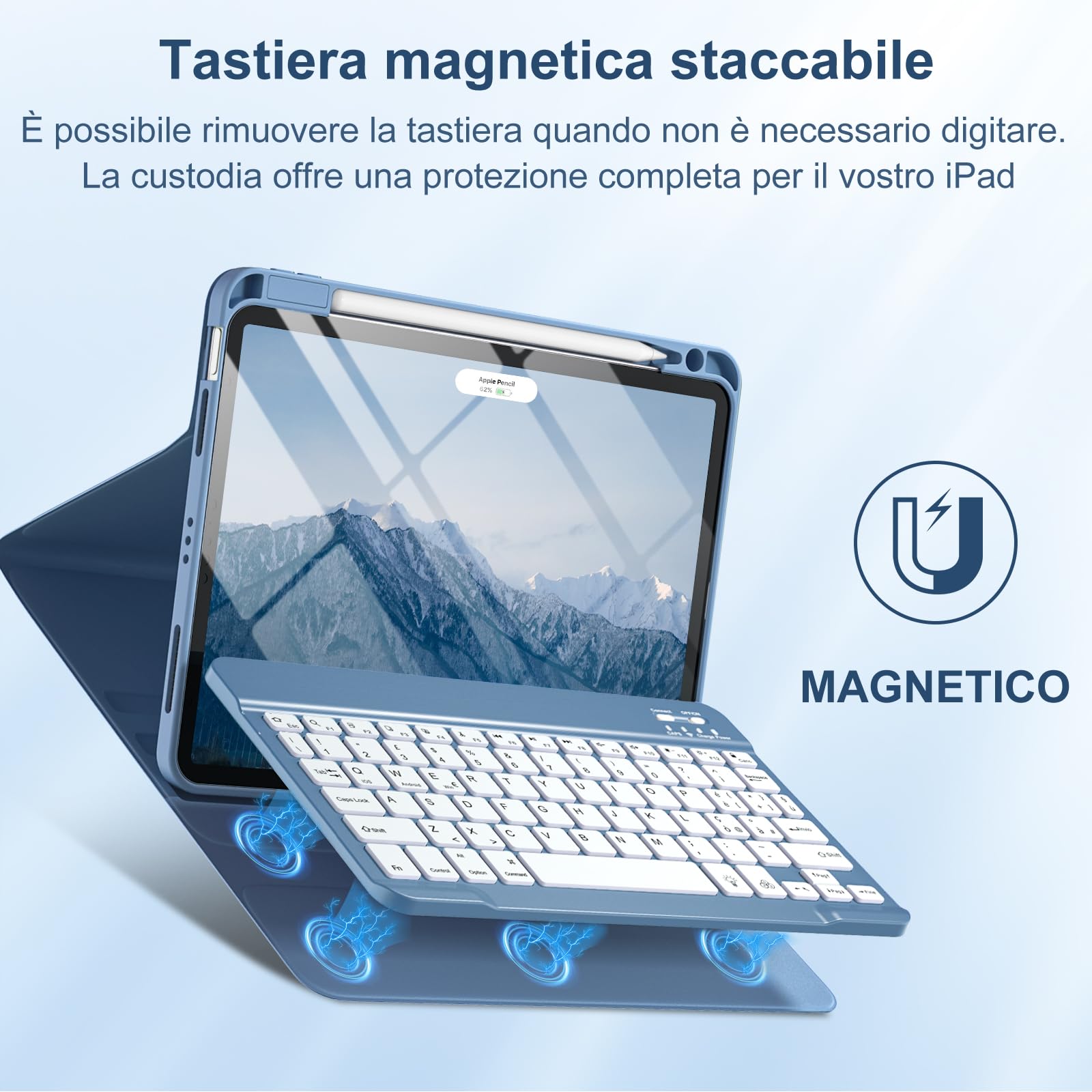 Vobafe Cover con Tastiera per iPad Air 11 Pollici M2 2024/Air 5 4 Generazione, Retroilluminazione a 7 Colori, Tastiera Staccabile Senza Fili Supporto per Matita, Layout Italiano, Blu