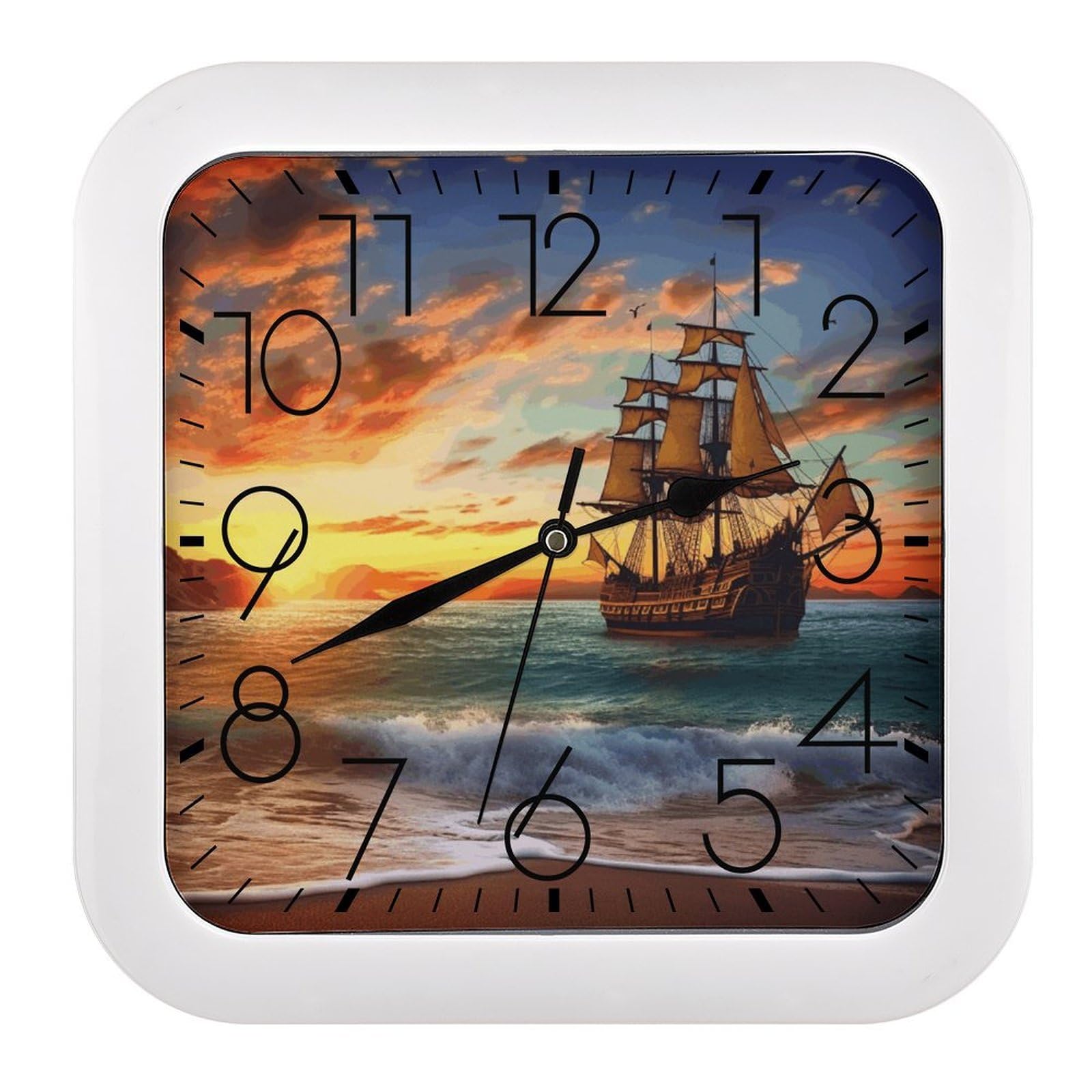 LZQPOEAS Pirate Ship in The Sunset Square Wall Clock, 10.2 Inch Battery Operated Silent Non-Ticking Wall Clock, Square Analog Decorative Clock for Home Wall Art, Living Room, Bedroom, and Office
