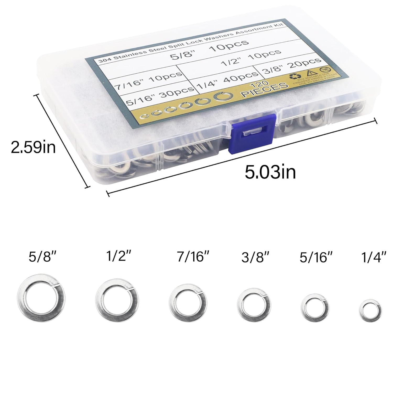 Lock Washers 120pcs, 1/4, 5/16, 3/8, 7/16, 1/2, 5/8in Open Washer, Stainless Steel Lock Washers, Split Lock Washer Set, Spring Lock Washers, Lock Washer Assortment for Outdoor Construction