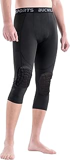 Bucwild Sports Â¾ Compression Pants with Knee Pads Size Youth Boys - Adult Men Basketball Wrestling Volleyball Black
