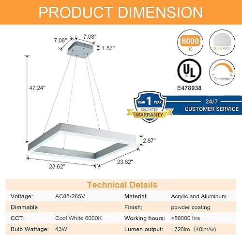 Miniatura 2 de ROYAL PEARL Candelabro LED moderno de 3 anillos para comedor, lámpara colgante cuadrada, lámparas regulables para vestíbulo, dormitorio, escalera,