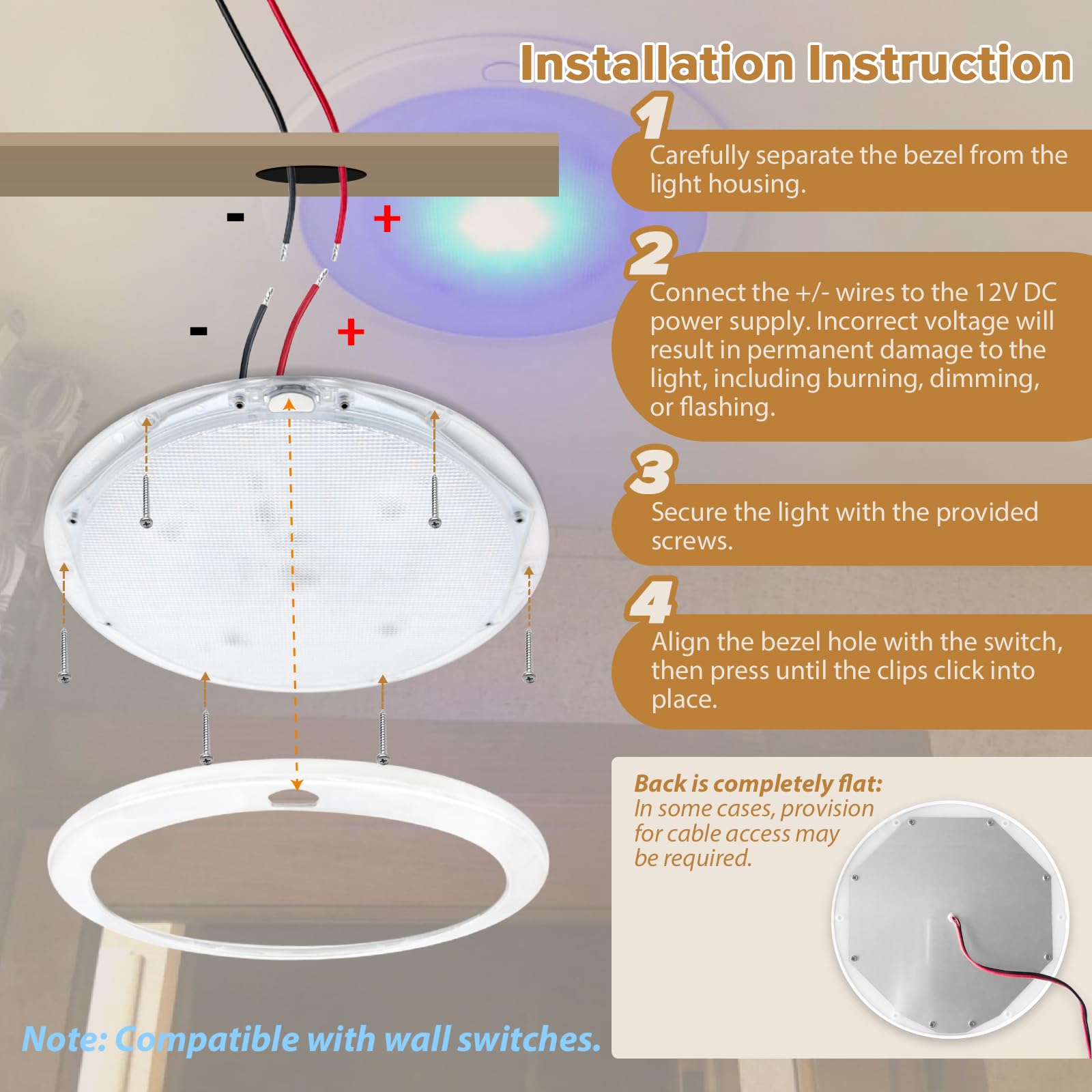 Dream Lighting 8.5" LED Ceiling Light, Ultra Thin, 12V, Warm White, For RV, Boat, Cabin, Kitchen, Surface Mount, White Shell - View #5