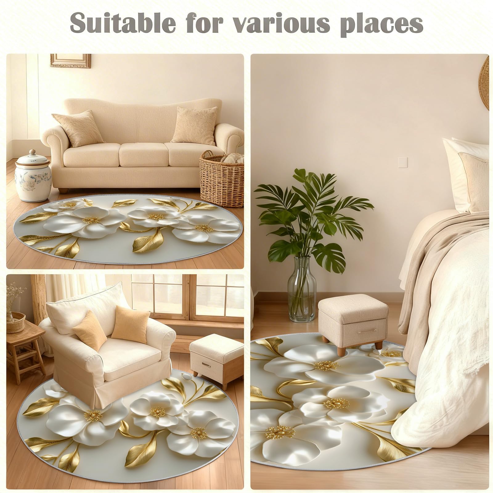 Tapis rond 3D à motif floral blanc doré 90 cm