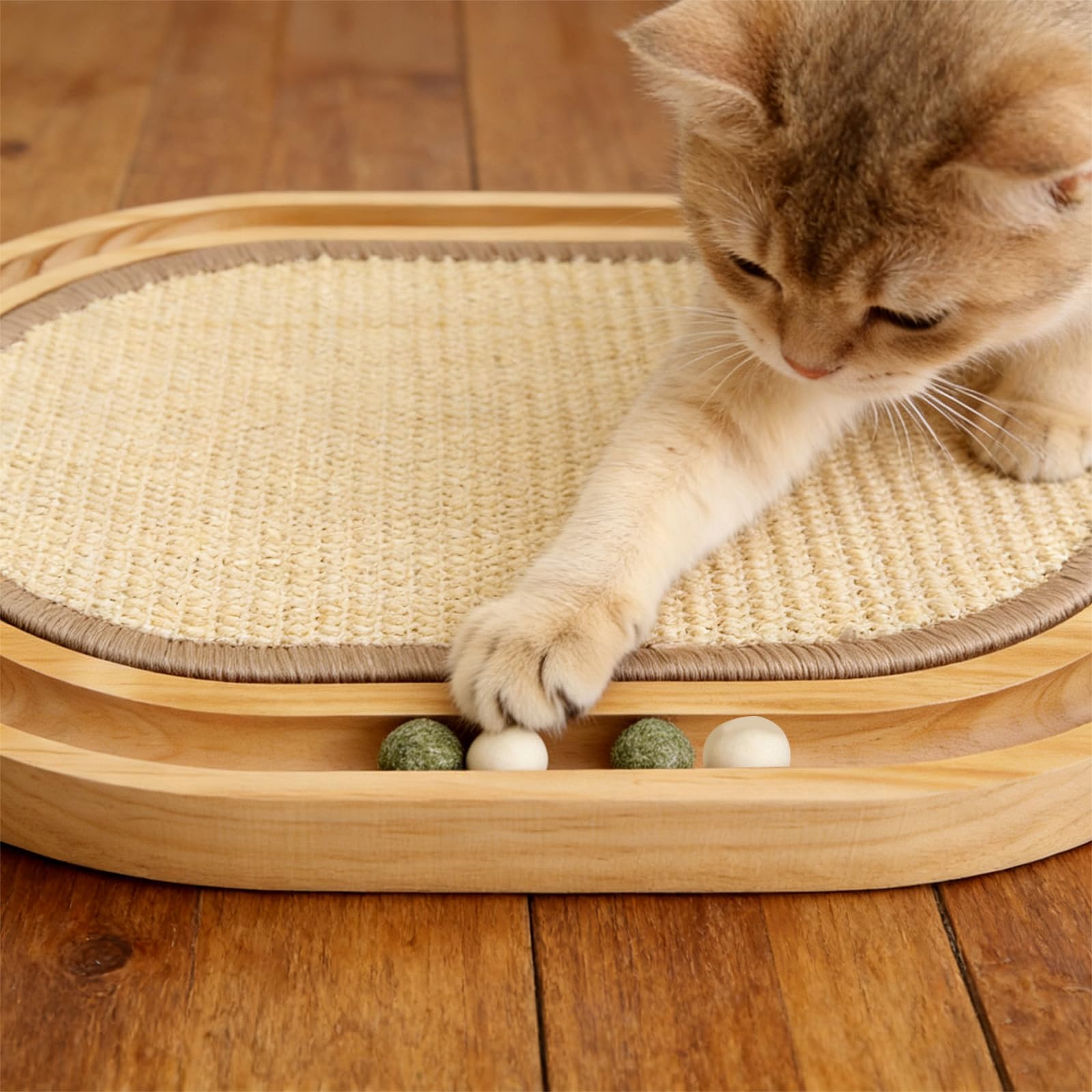 HLSM KJ - Rascador de sisal para gatos, almohadilla rascadora de sisal Natu, bola de juguete interactiva de madera para gatos, bola de hierba gatera, para perseguir gatos, caza, rompecabezas de