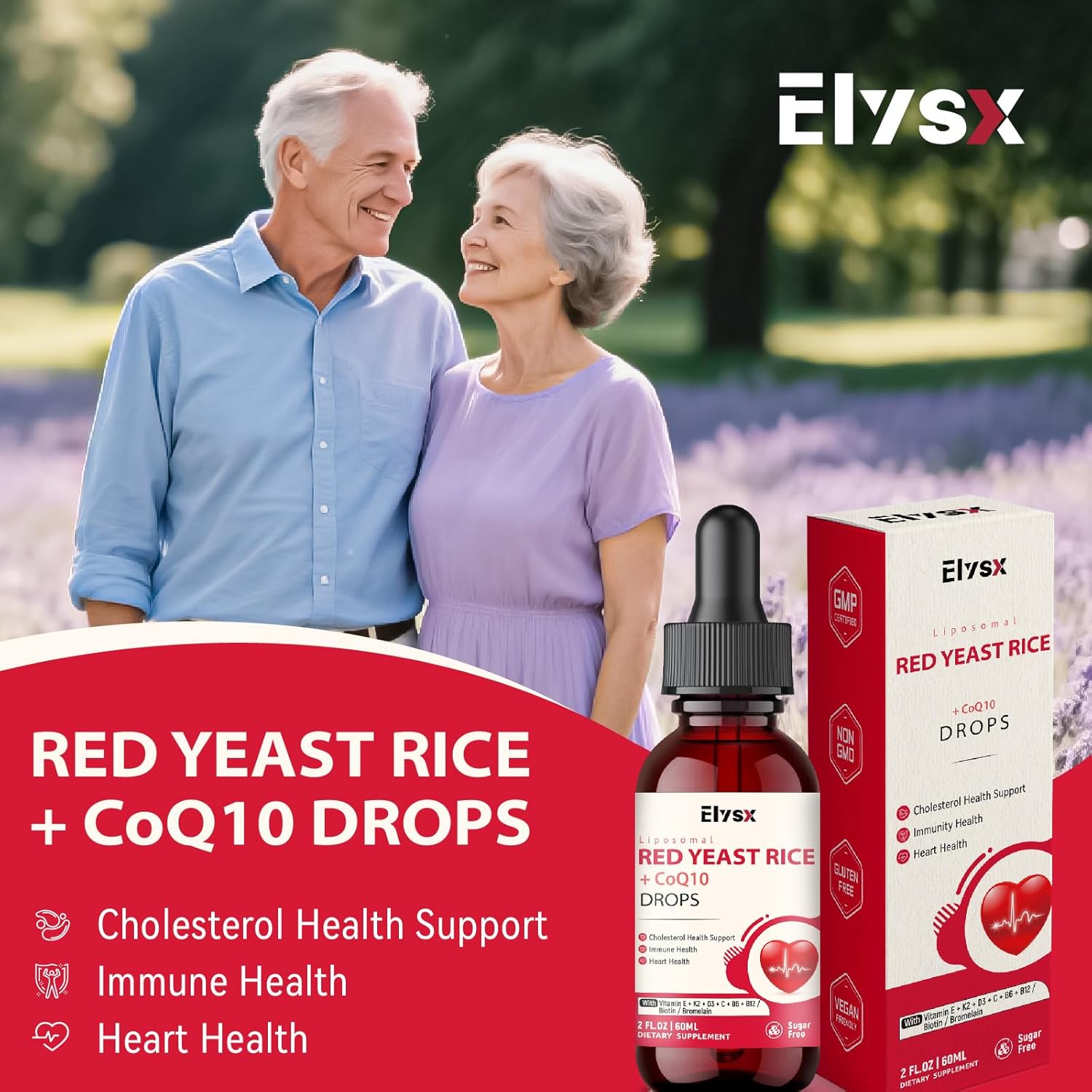Liposomal Red Yeast Rice with Coq10 Liquid Drops, Red Rice Yeast for Cholesterol Health, Immune & Heart Support, with Biotin, Bromelain & Vitamins, 2 FL OZ