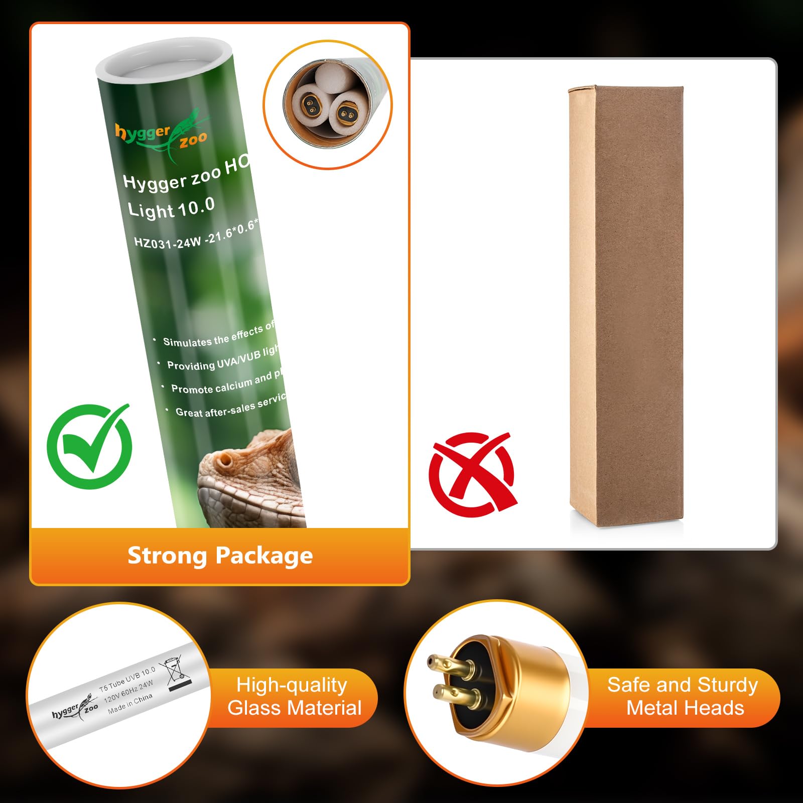 T5 UVB Reptile Light HO UVB Lighting Bulb 2 Pack, 10.0 24W UVB Light for Reptiles UVA UVB Desert Lamp Reptile Light Bar for Bearded Dragon Turtle Tank - image 6