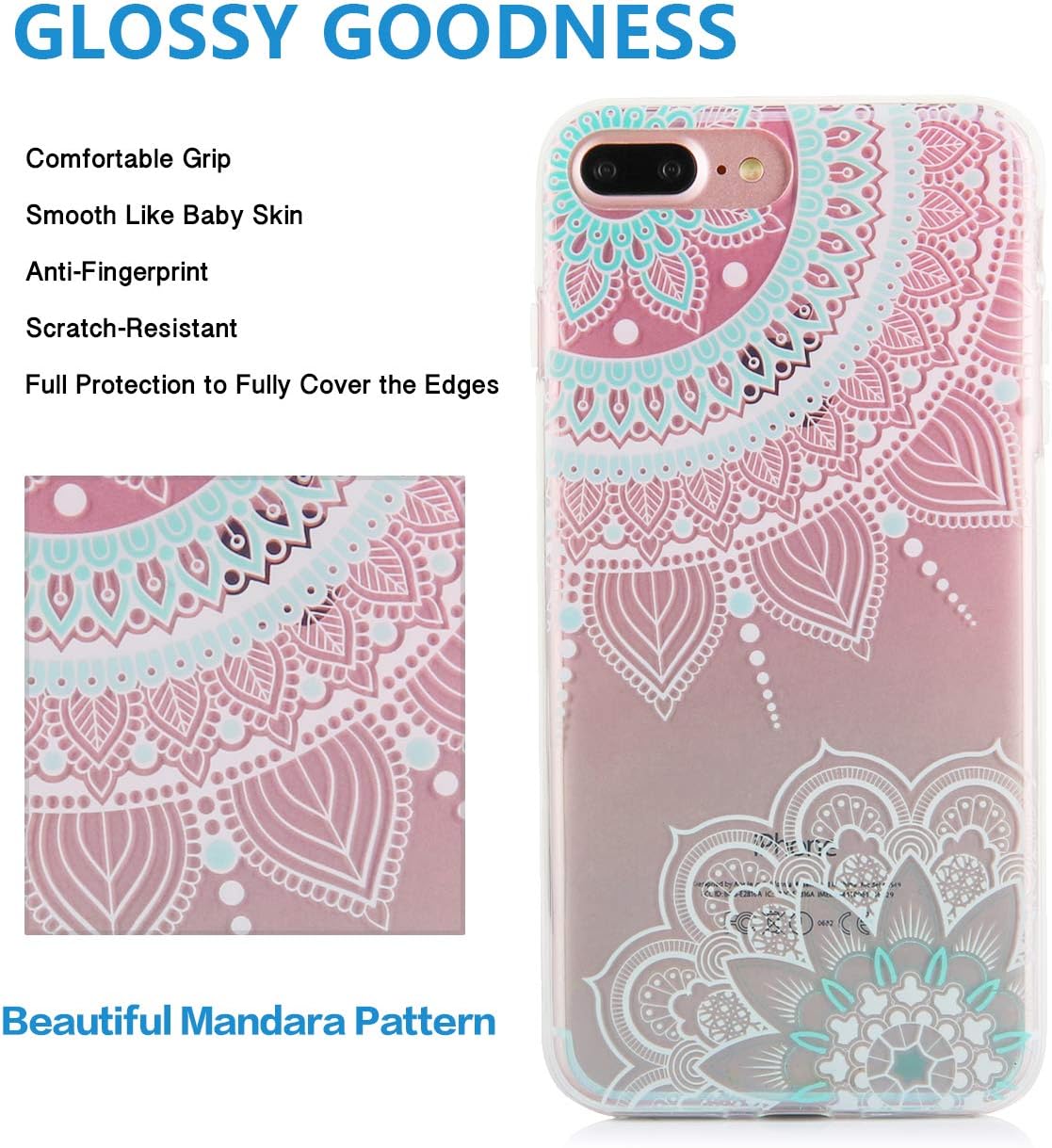 TRENSOM iPhone 8 Plus Case iPhone 7 Plus Case for Women Clear Protective Case, Cute Gadient Mandala Slim Bumper Case, Floral Henna Lace Pattern Soft TPU, Shockproof Phone Cases, White Blue Cyan