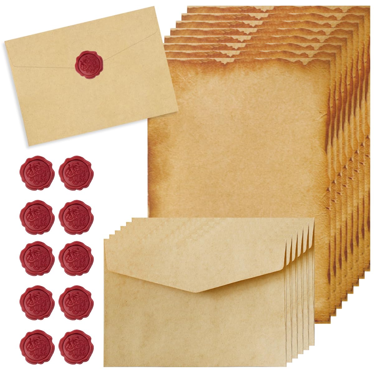 Ensemble De Papeterie Vintage 16 Papiers 10 Enveloppes Anciennes 10 Autocollants Sceau En Cire pour Mariages Invitations Cartes
