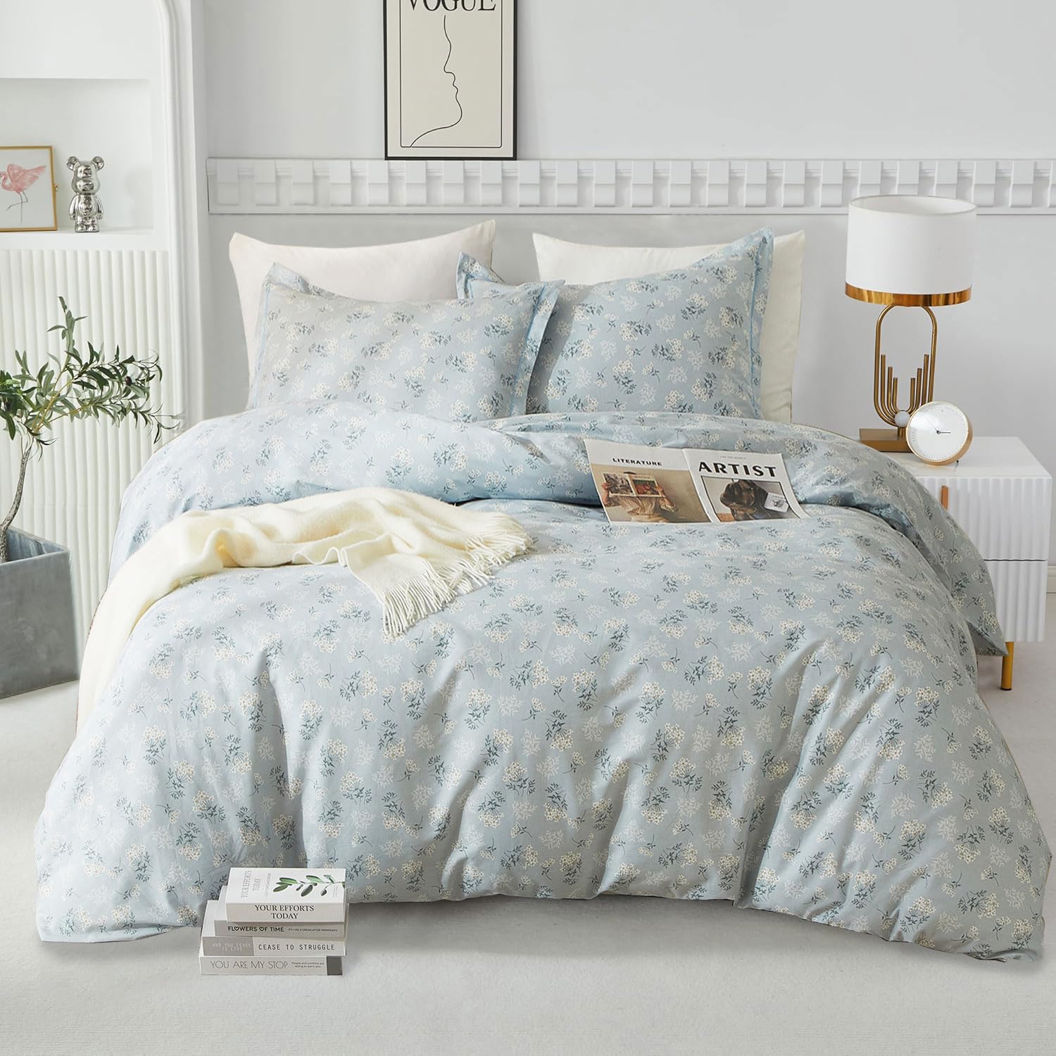 EAVD Blue Floral Comforter Set Twin XL Girls Soft Microfiber Chic Shabby Garden Floral Bedding Set 1 Twin XL Bed Comforter and 2 Pillowcases Reversible Floral Botanical Comforter Set for All-Season