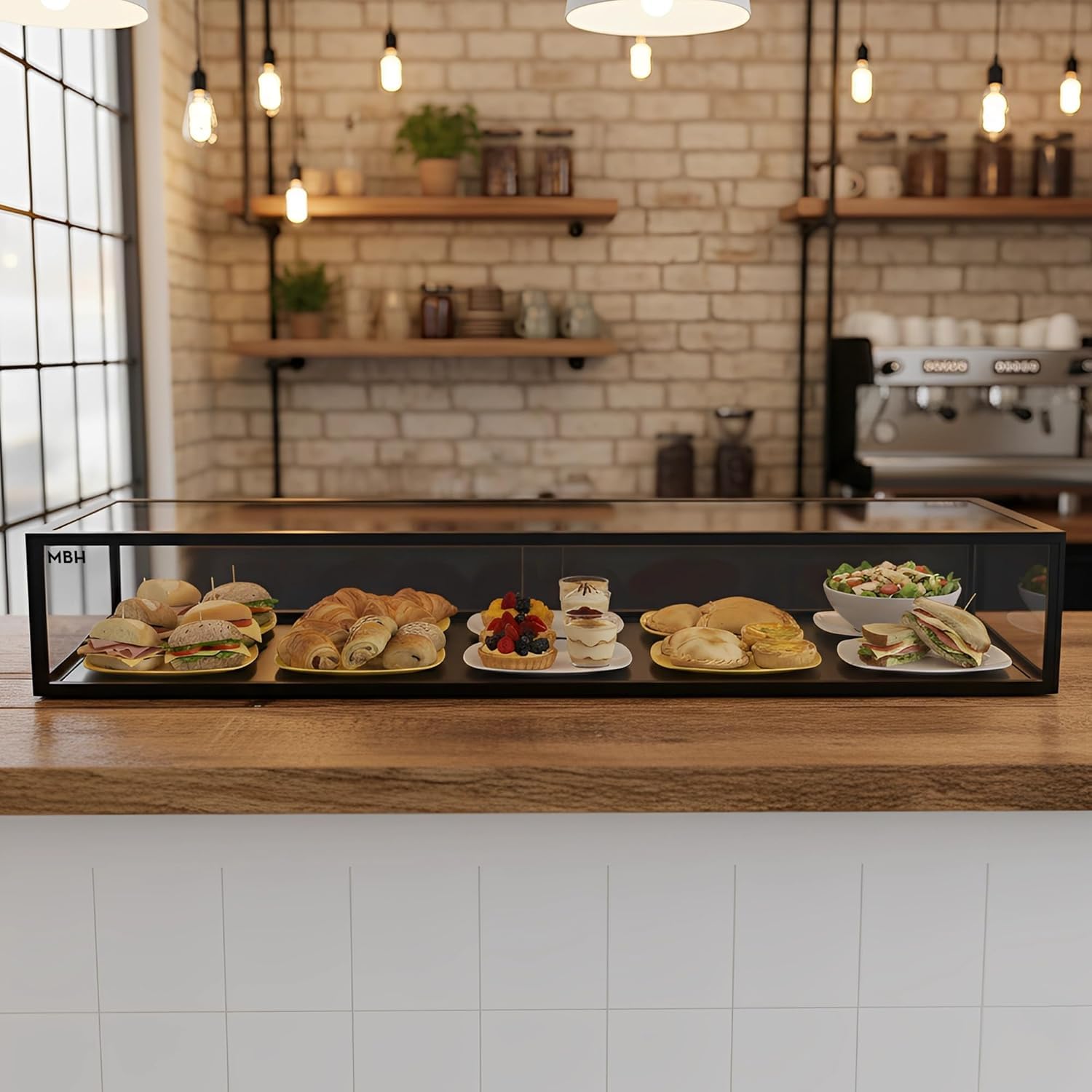MBH - Vitrina Expositora Neutra de Sobremostrador 120x33 cm, Cristal Recto Templado, 1 Piso, sin Iluminación LED, Puertas Traseras Correderas, para Bar, Cafetería, Restaurante, Bollería y Repostería.
