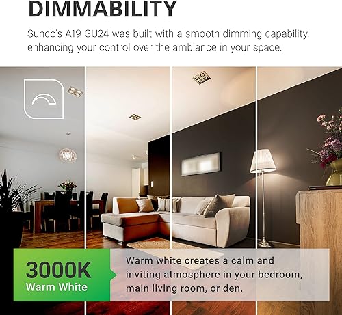 Miniatura 5 de Sunco - Paquete de 24 bombillas LED GU24 de 2 clavijas A19, 3000 K blanco cálido, equivalente a 9 W 60 W, CFL de repuesto 800 LM, súper brillante