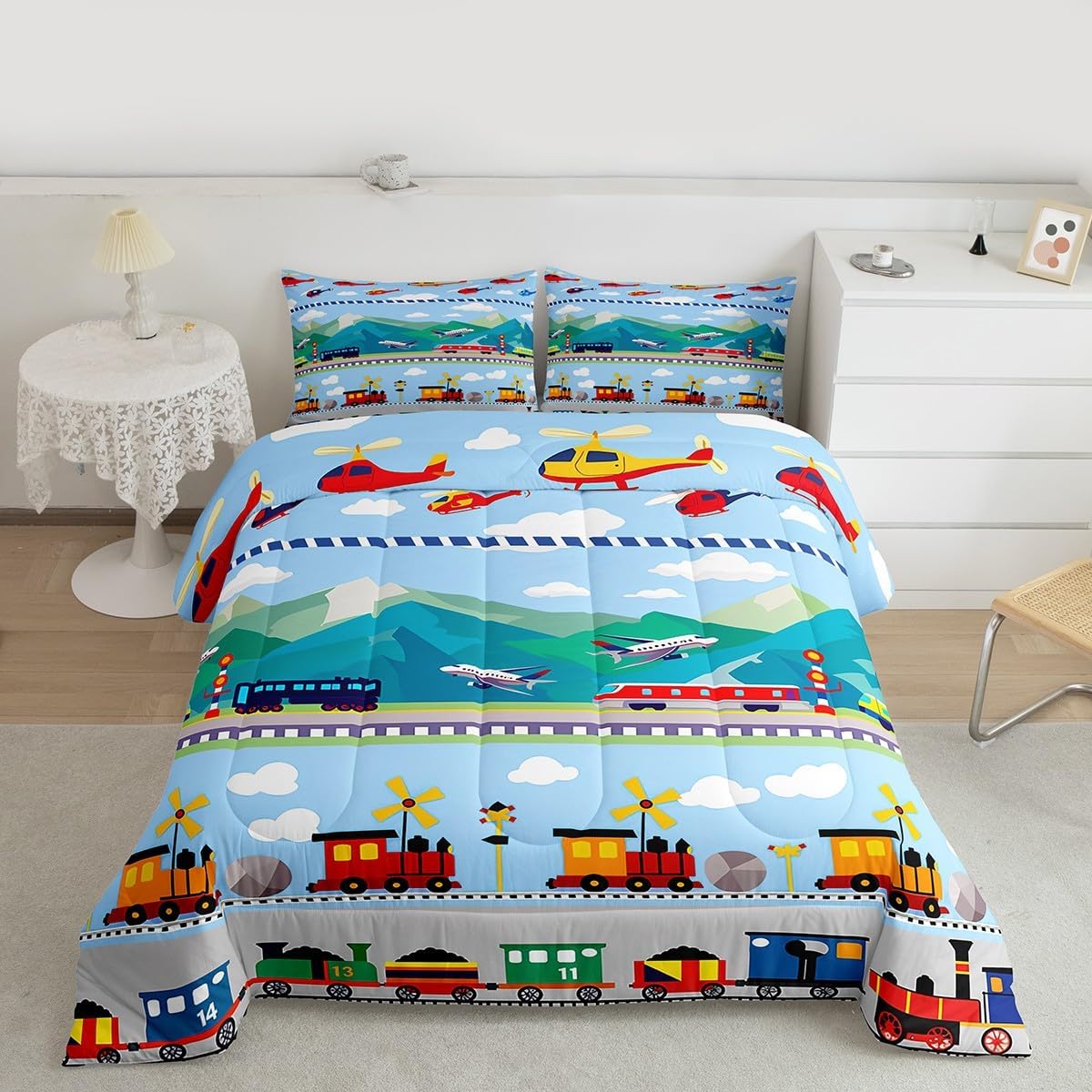 Kids Cartoon Train Comforter Set Vehicles Bedding Set for Boys Children Teens Bedroom Decor Airplane Print Comforter Cover Set Aircraft Blue Green Red Duvet Set Full Size with 2 Pillow Case