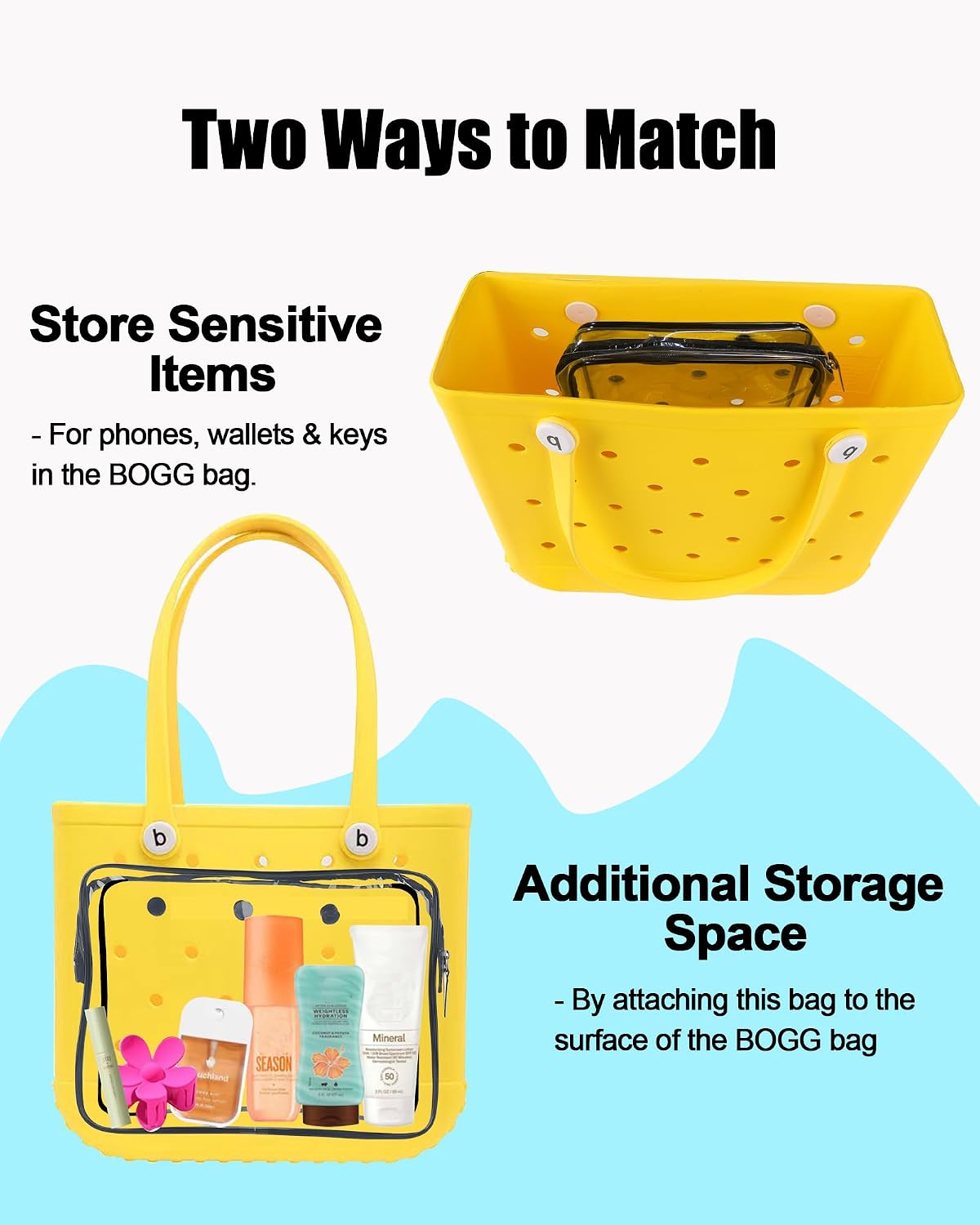 6 Packs Clear Insert Bags for Bogg Beach Tote Bag Accessories - 4 Designer Zipper Insert Bags with Waterproof Inner Pouches and 2 White Hooks for Travel, Toiletry Organization, and Cosmetic Storage