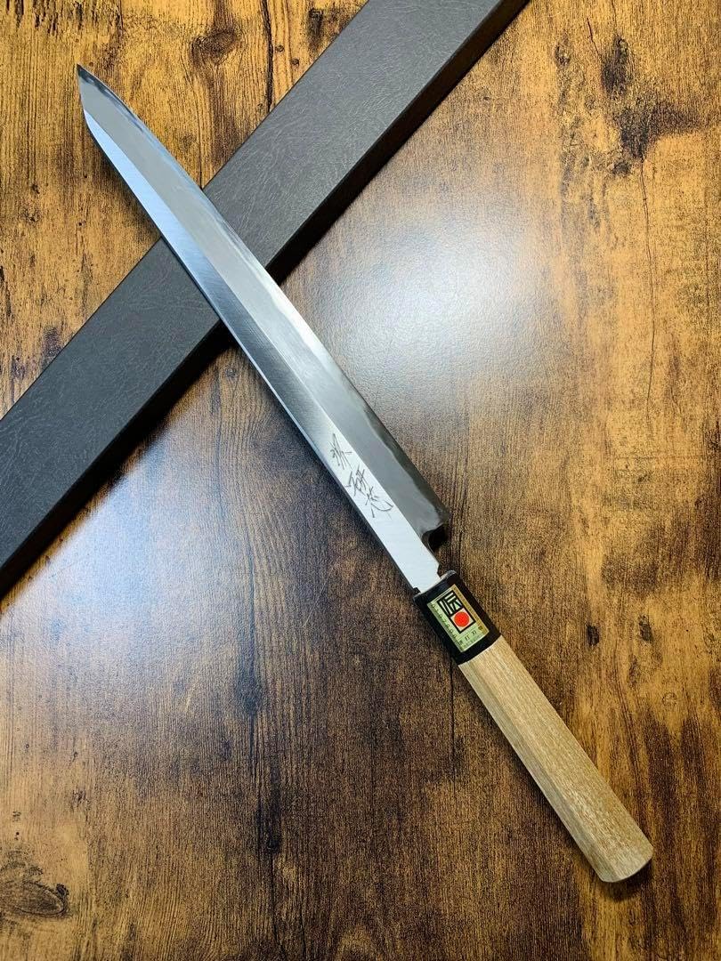 【堺打刃物】刺身 柳刃　白ニ鋼　包丁　尺　水牛八角柄 白鷺 切付 柳刃 和包丁 青二鋼 紋鍛錬 黒檀八角水牛 9寸