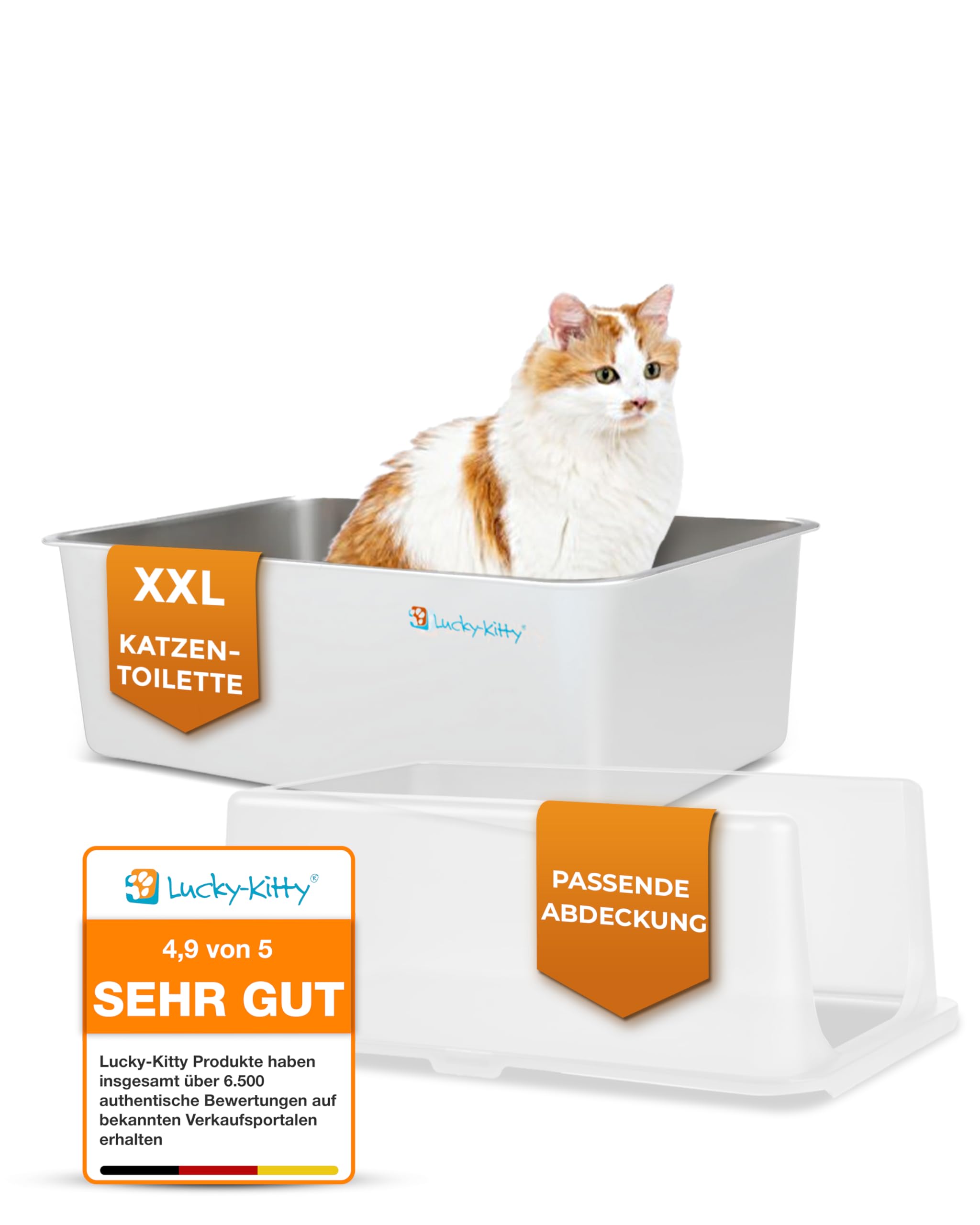 Lucky-Kitty Katzenklo Edelstahl XXL mit Deckel, Weiss, 60x40x40 cm | Mit Deckel, Exklusiver Schließmechanismus, Absolut auslaufsicher, Geruchsfrei & Hygienisch