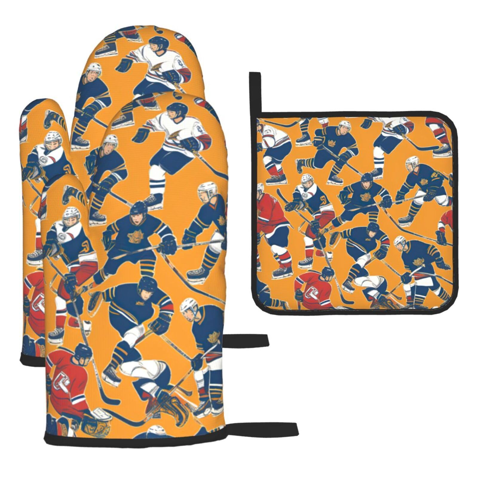 Yyoretp Black Hockey Print Oven Mitts And Potholders Bbq Gloves-Oven Mitts And Pot Holders For Cooking Baking
