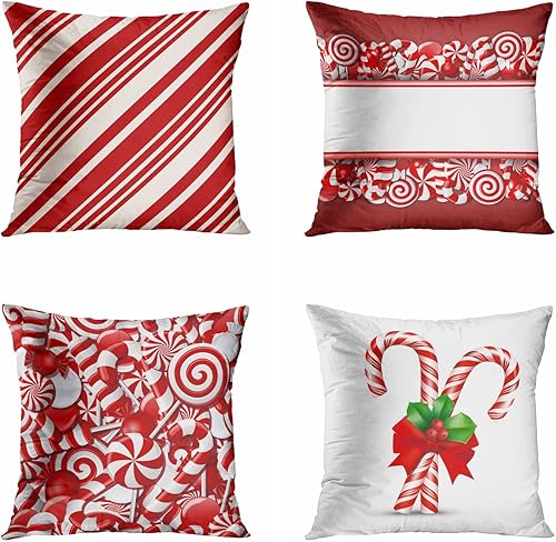 Juego de 4 fundas de almohada cuadradas de 20 x 20 pulgadas, color rojo y blanco crema, caramelos, bastón de Navidad, decoración del hogar, para