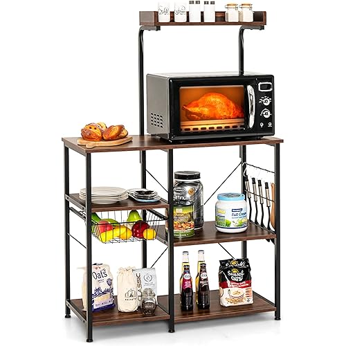 Giantex Kitchen Baker's Rack, 4-Tier Microwave Storage Stand, Utility Storage, Wire Basket with 5 Hooks, Spice Utensils for Organizing Work Station Shelf 35.5” Length, Coffee&Black