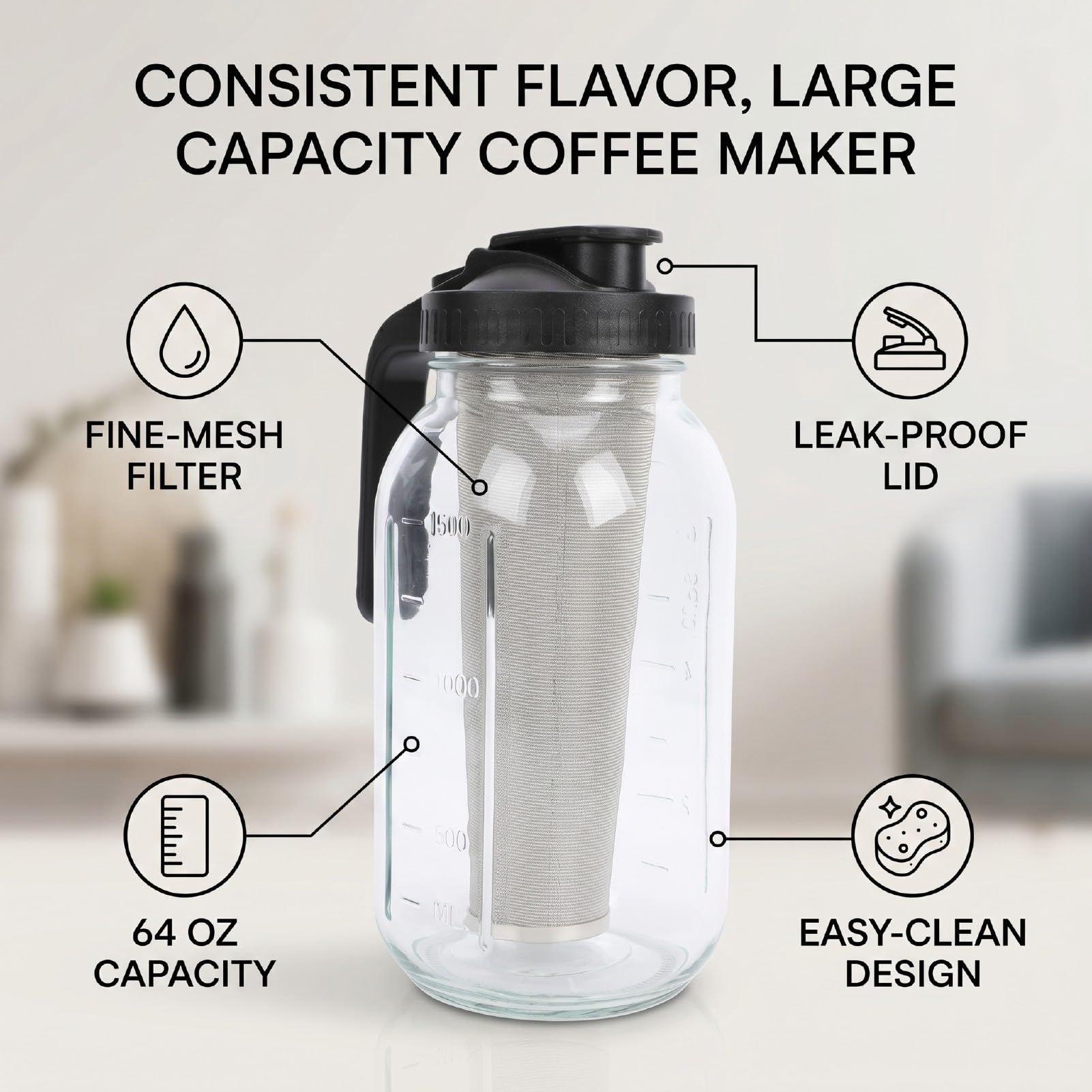 XUMIUZIY Caffettiera Freddo in Vetro 64oz con Filtro Fine per Cold Brew