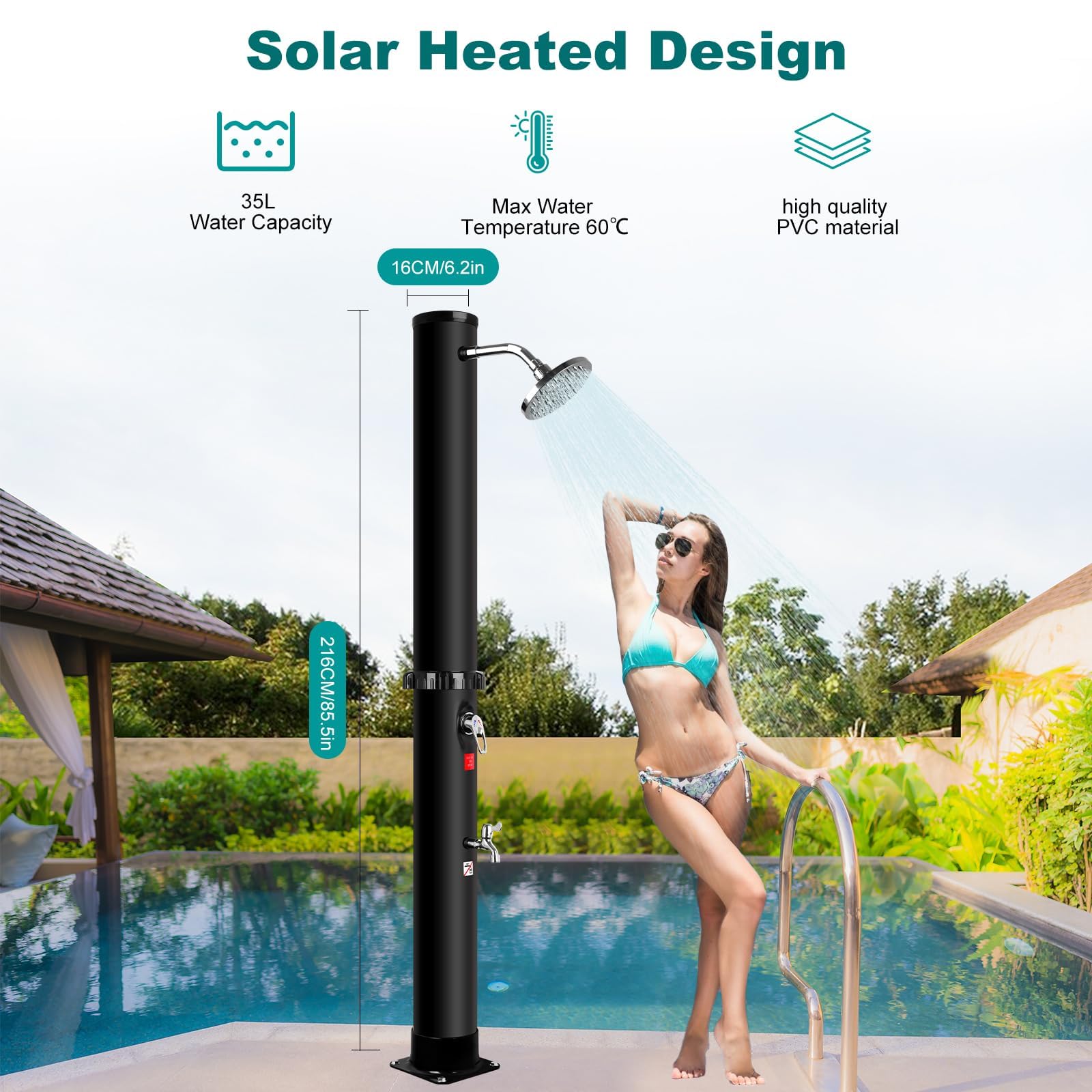 Solardusche 35 Liter Solardusche Garten Gartendusche Aussendusche mit Drehbarem Regenduschkopf und Wasserhahn, Pooldusche Camping Dusche Warmwasser bis 60°C, Ohne Stromanschluss (Mit Abdeckung)