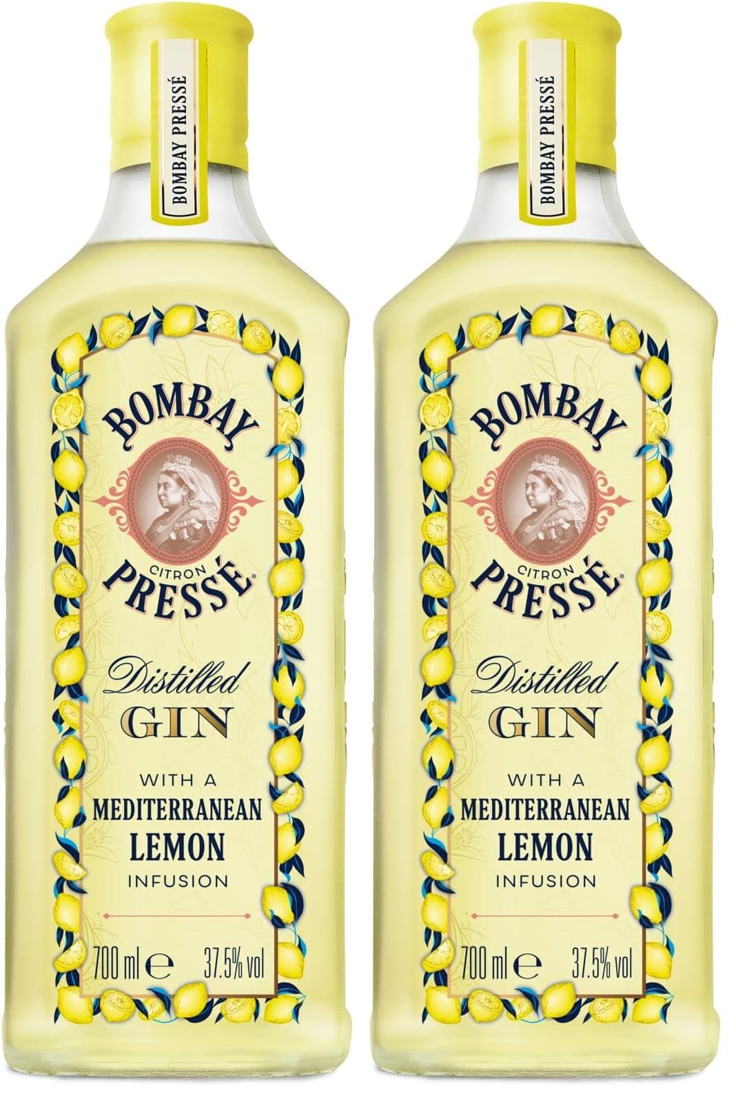 Bombay Citron Pressé Premium Distilled Lemon Flavoured Gin, 37,5% vol., 700 ml, Ginebra infusionada al vapor con los mejores limones del Mediterráneo, 70 cl (Paquete de 2)