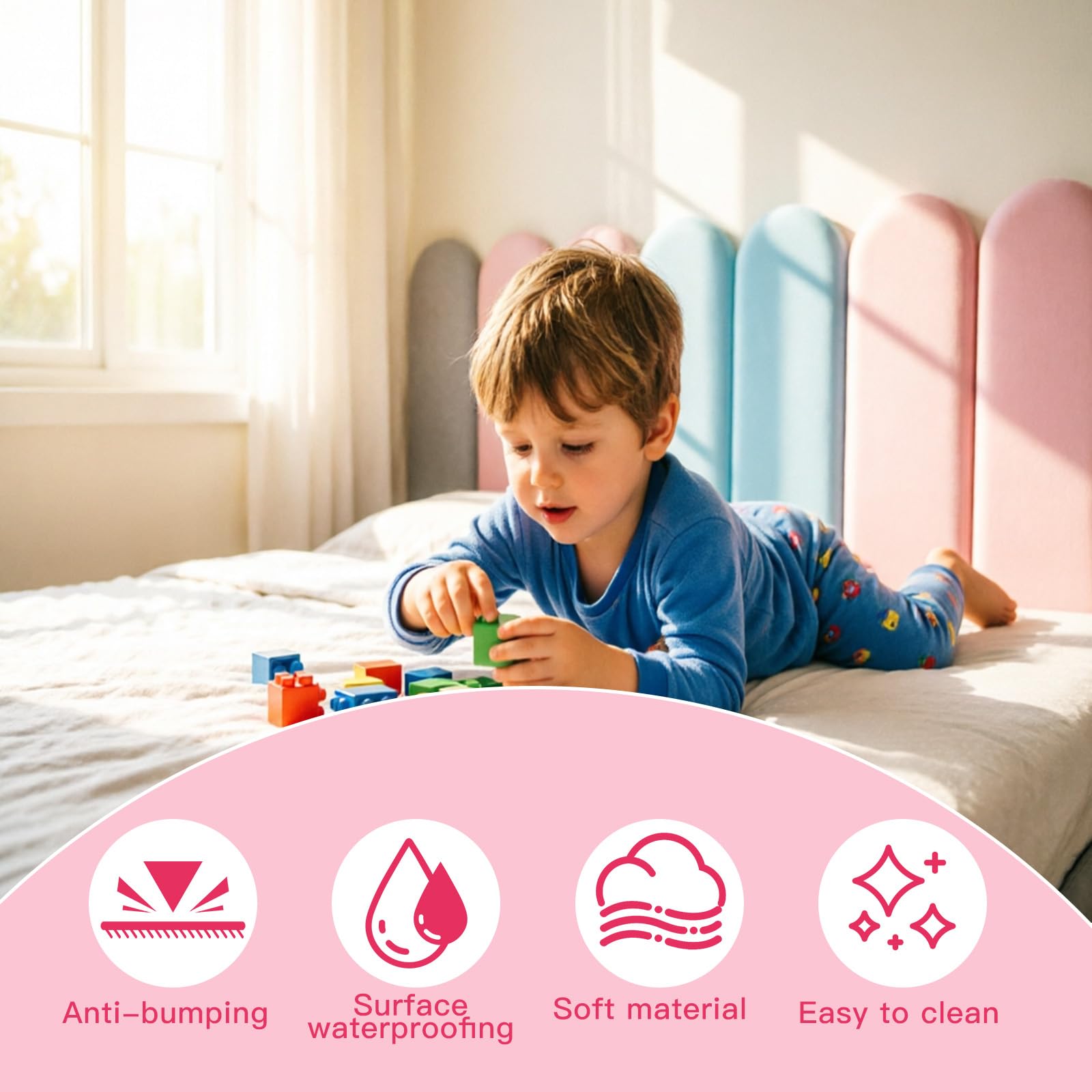 4 pezzi di pannelli murali 3D, imbottitura murale autoadesiva PU impermeabile per camera dei bambini, pannello murale imbottito con adesivo, testiera anti-collisione per letto (rosa)
