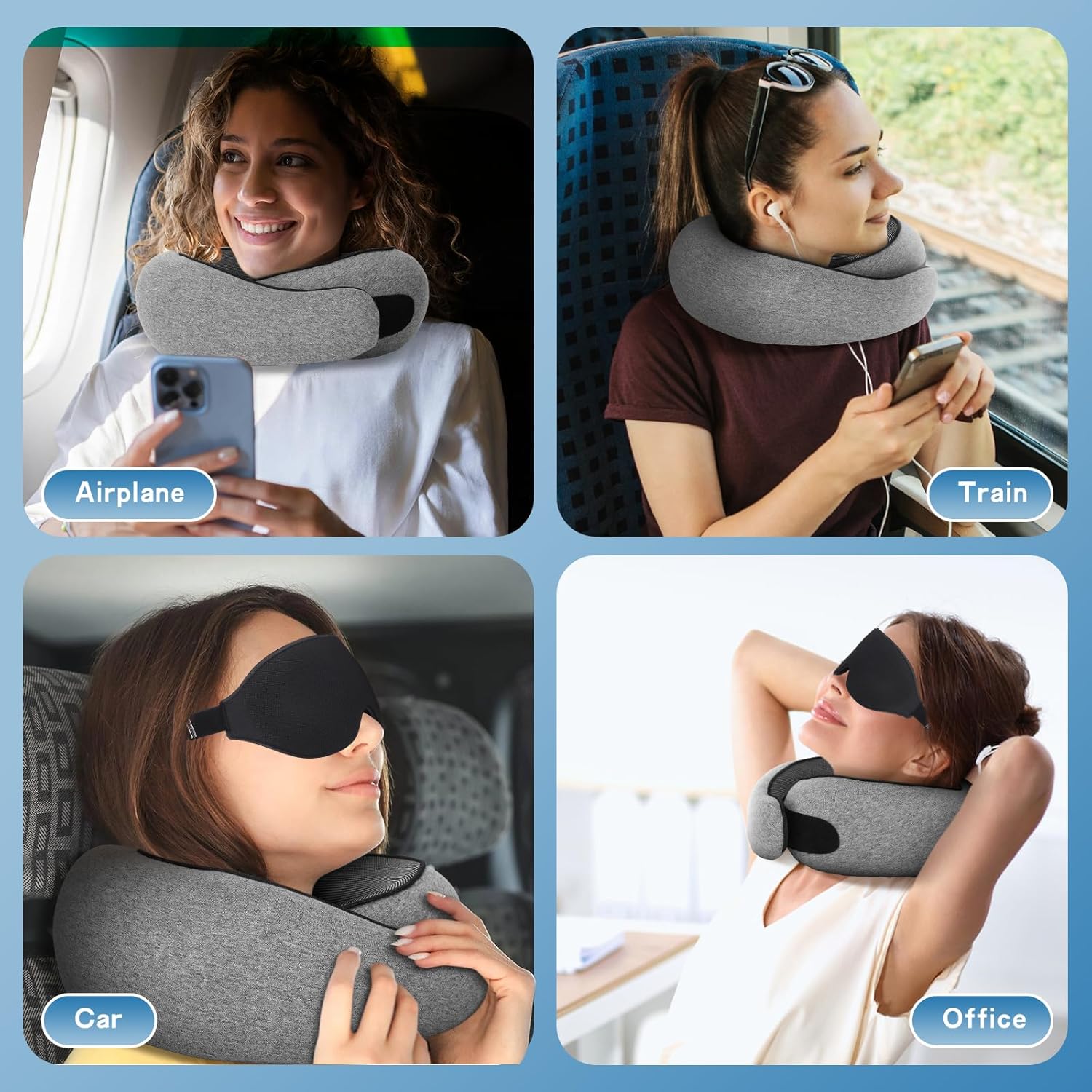 Travel Pillows for Airplanes, Memory Foam Travel Neck Pillow Airplane with Eye Mask, Compact and Ergonomic Design Neck Pillow for Travel, Car Rides, Offices, and Home Use - Image 6