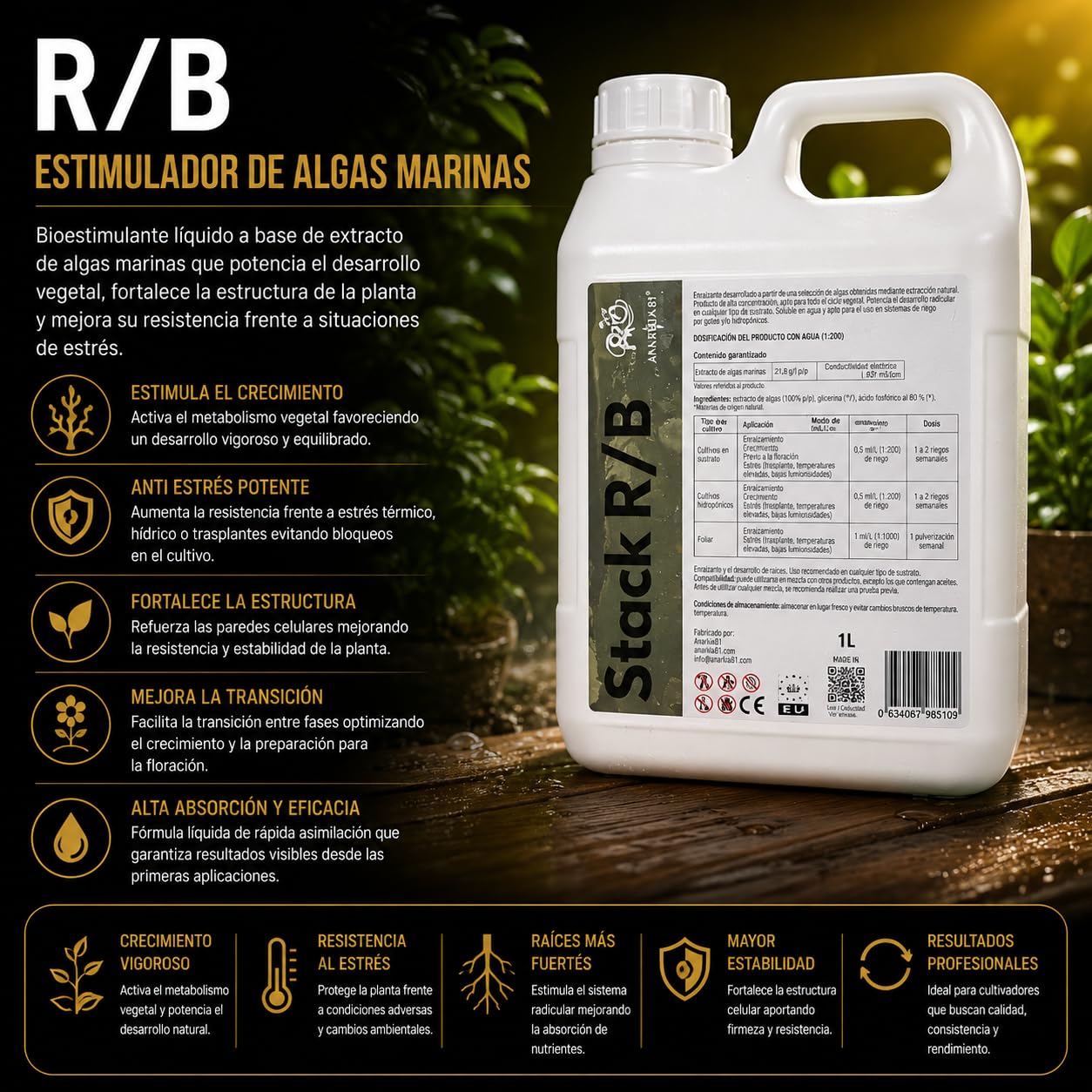 R B 3,8 L – Estimulador de Algas Marinas Fortificante Plantas Anti Estrés Crecimiento y Transición Fertilizante Líquido Cultivo Interior y Exterior - Anarkia81