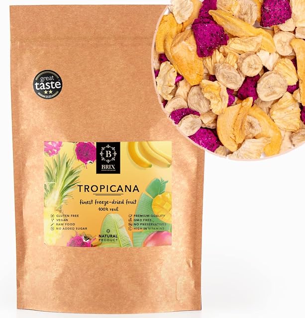 BRIX Freeze Dried Tropicana Fruit | 100% Natural Dried Tropical Fruit Mixture 80g | Great Taste Award Dried Fruit | Non-GMO, Gluten Free, Vegan & Vitamins Retained